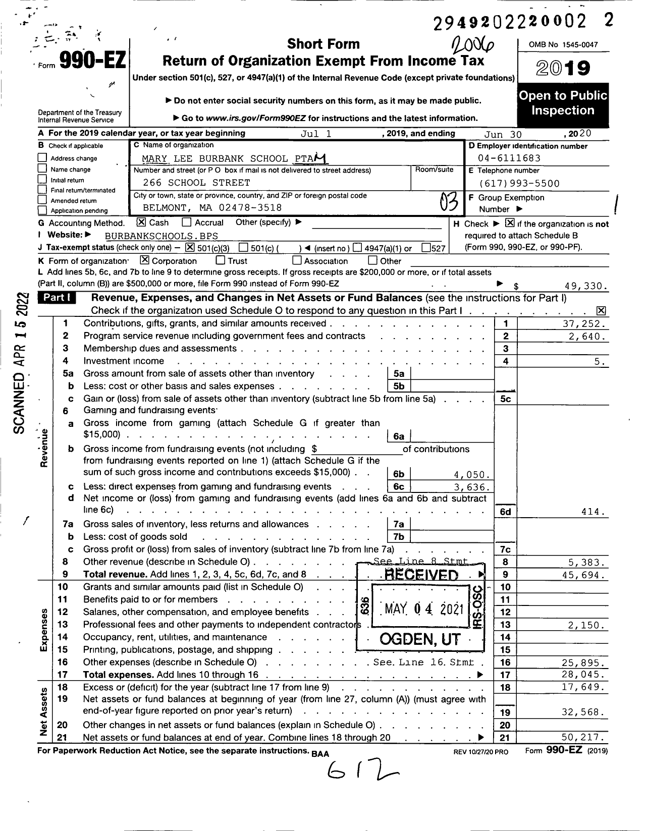 Image of first page of 2019 Form 990EZ for Mary Lee Burbank School PTA