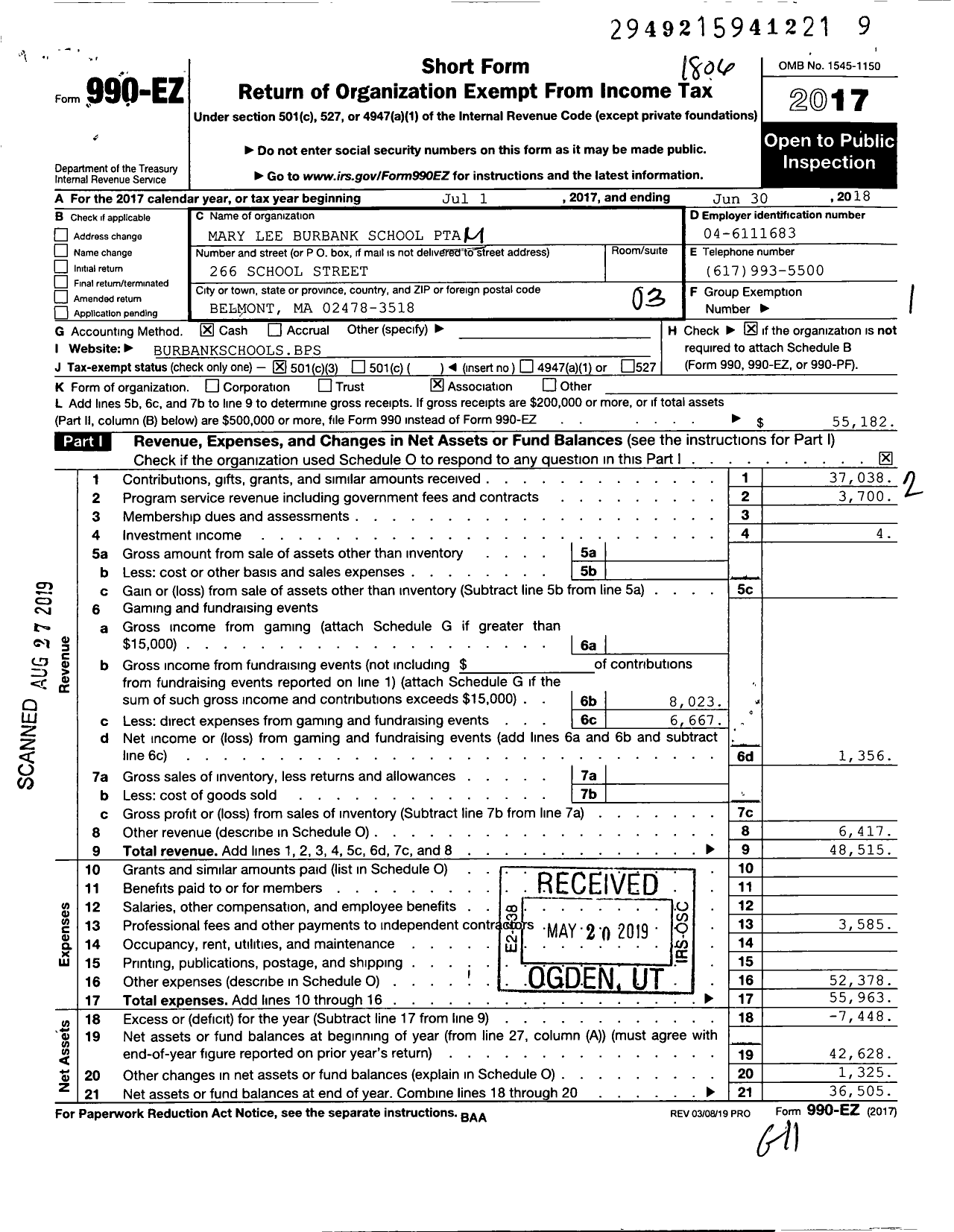 Image of first page of 2017 Form 990EZ for Mary Lee Burbank School PTA