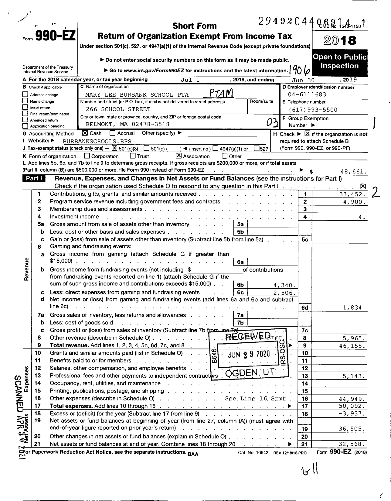 Image of first page of 2018 Form 990EZ for Mary Lee Burbank School PTA