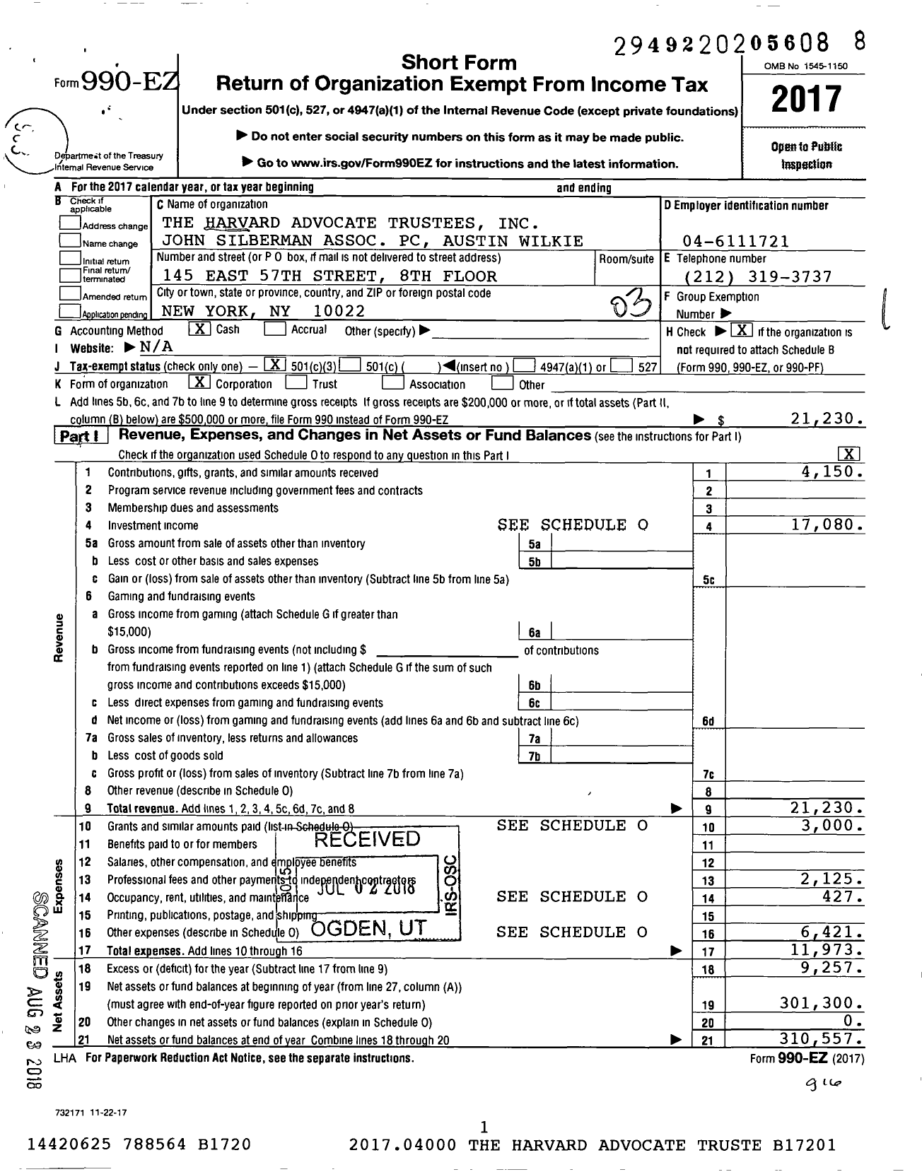 Image of first page of 2017 Form 990EZ for Harvard Advocate Trustees
