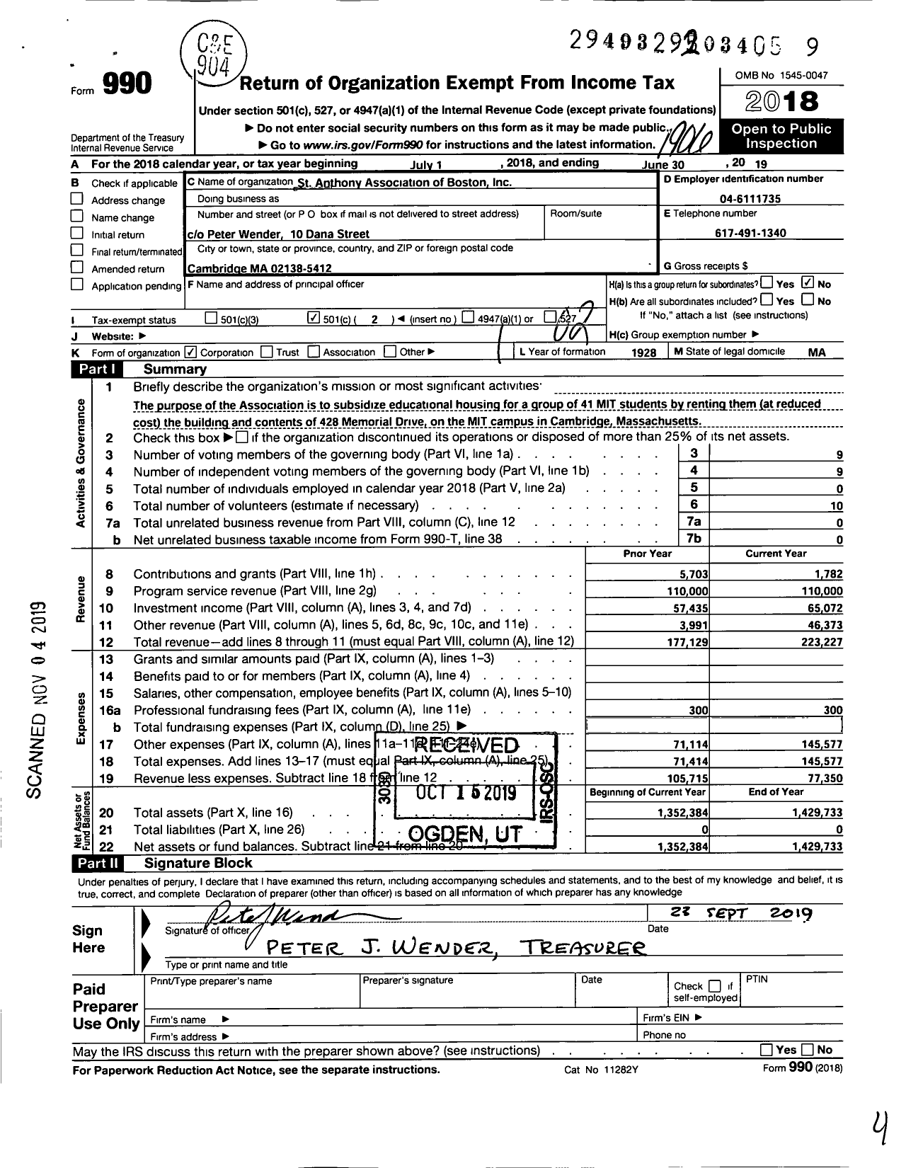 Image of first page of 2018 Form 990O for St Anthony Association of Boston