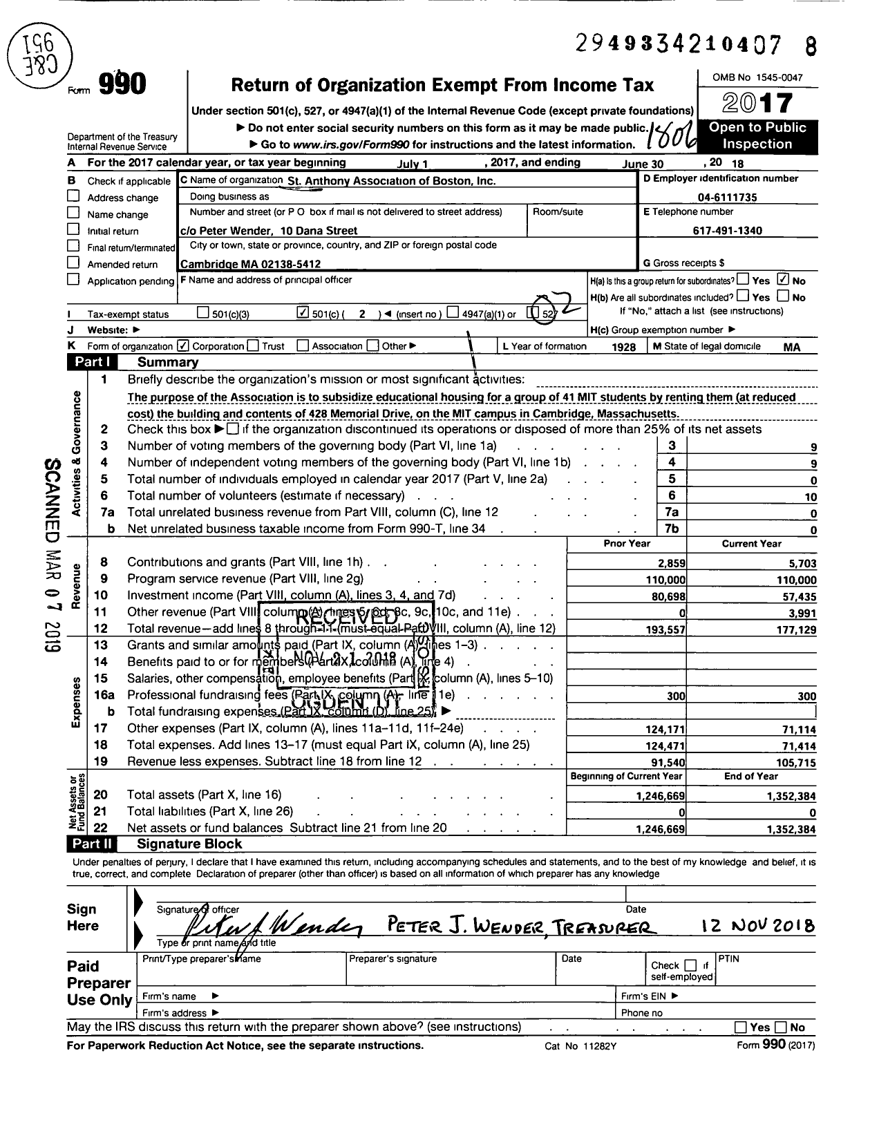 Image of first page of 2017 Form 990O for St Anthony Association of Boston