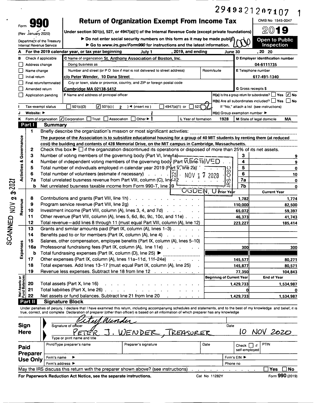 Image of first page of 2019 Form 990O for St Anthony Association of Boston