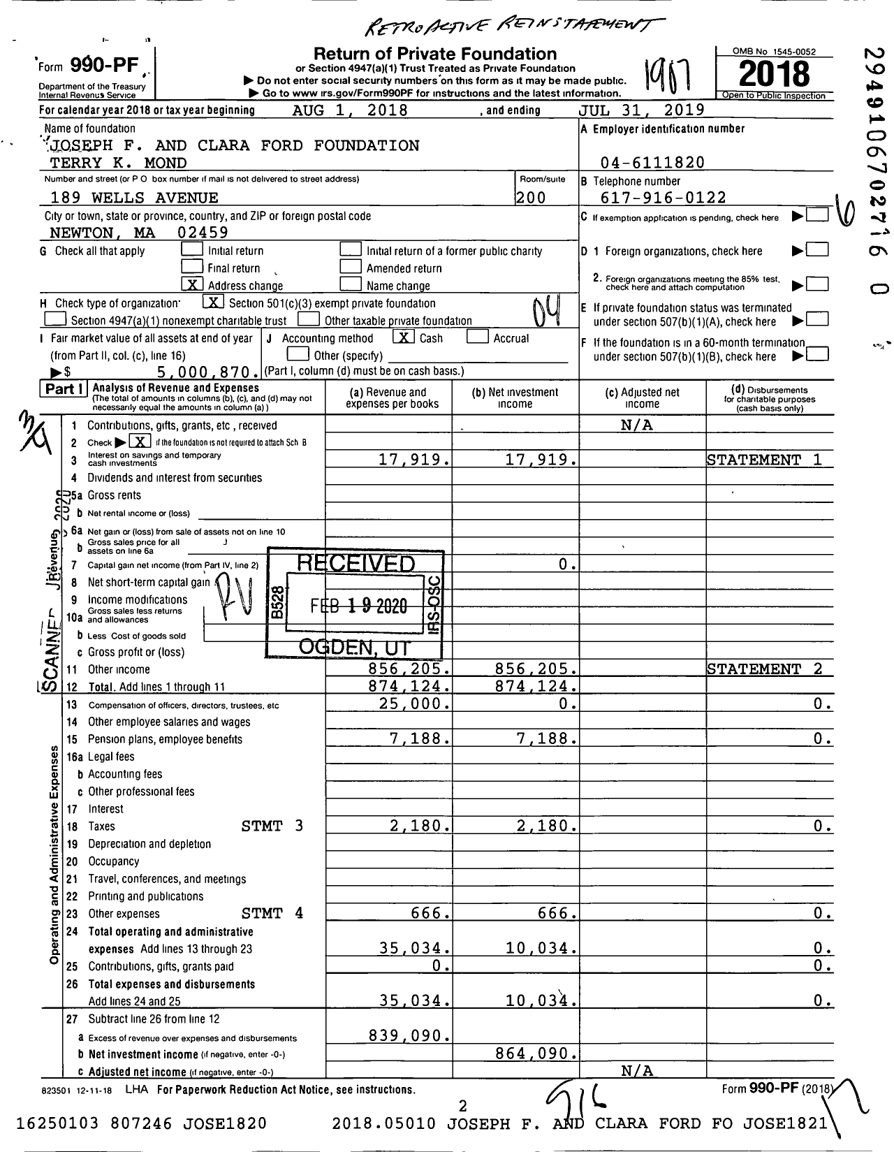 Image of first page of 2018 Form 990PR for Joseph F and Clara Ford Foundation Terry K Mond Trustee