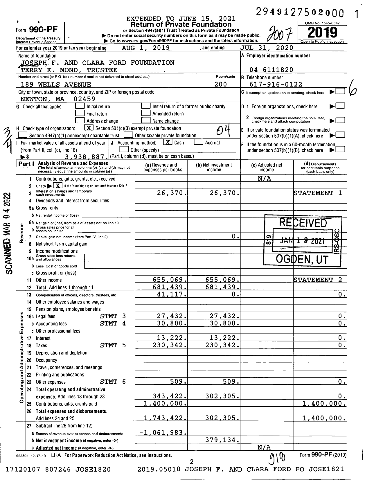 Image of first page of 2019 Form 990PF for Joseph F and Clara Ford Foundation Terry K Mond Trustee