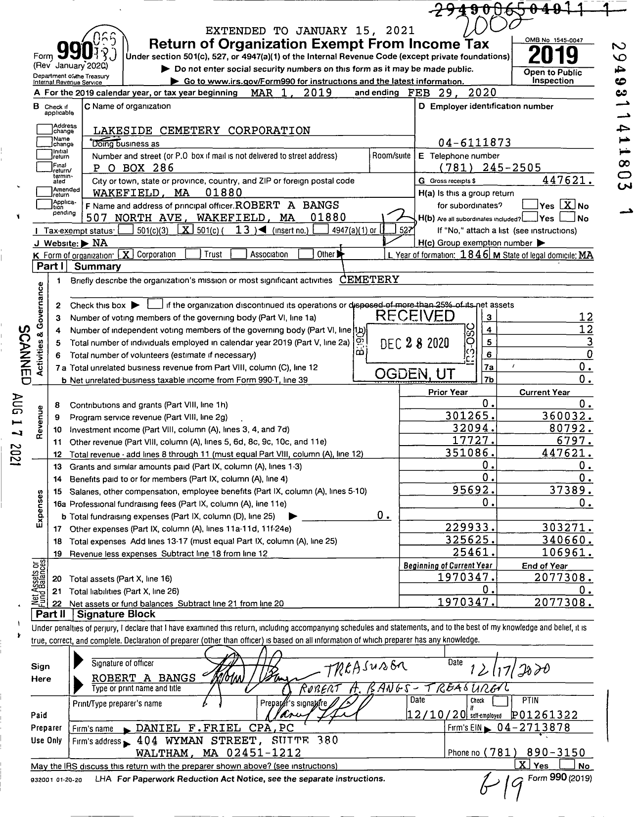 Image of first page of 2019 Form 990O for Lakeside Cemetery Corporation