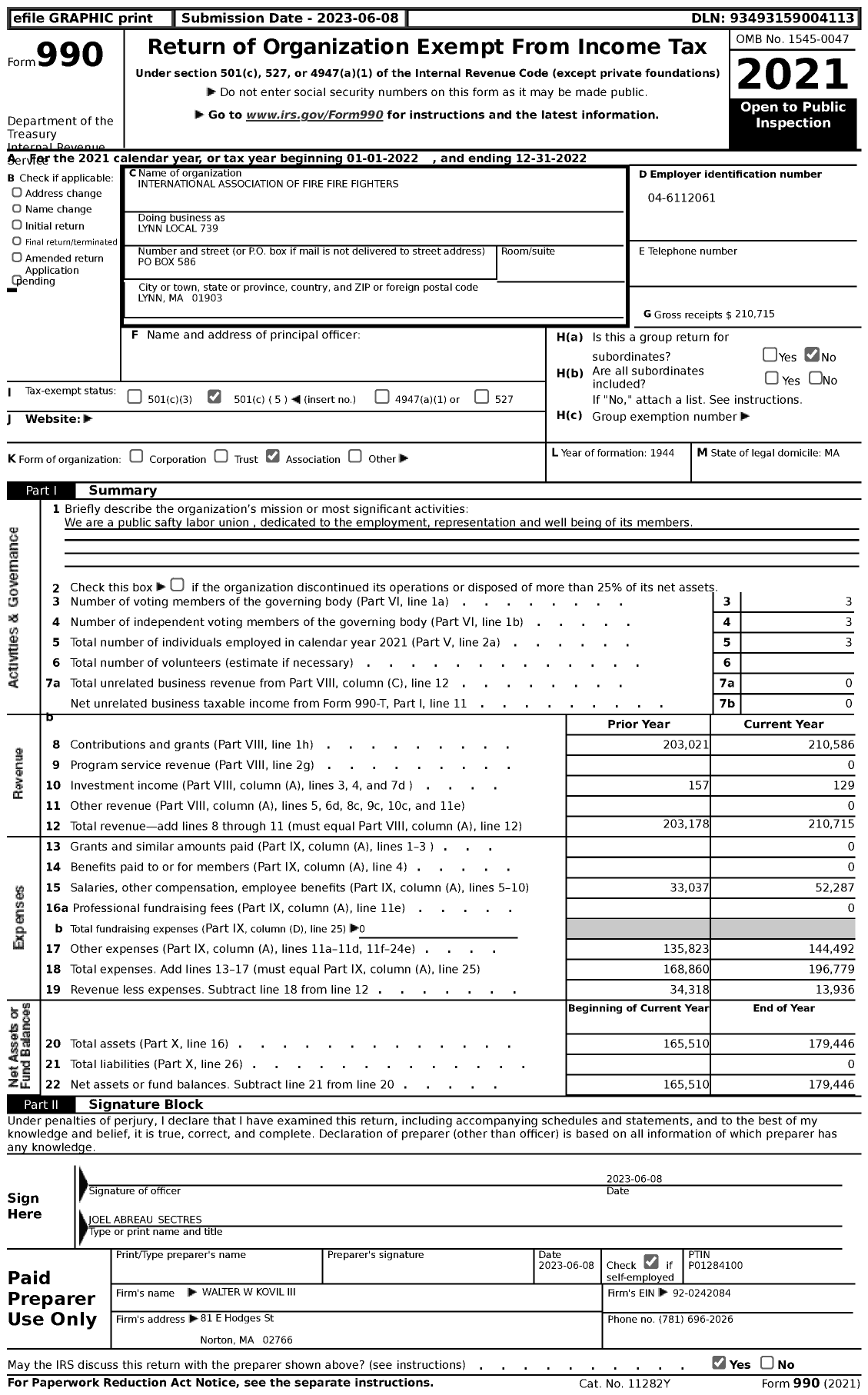 Image of first page of 2022 Form 990 for International Association of Fire Fighters - Lynn Local 739