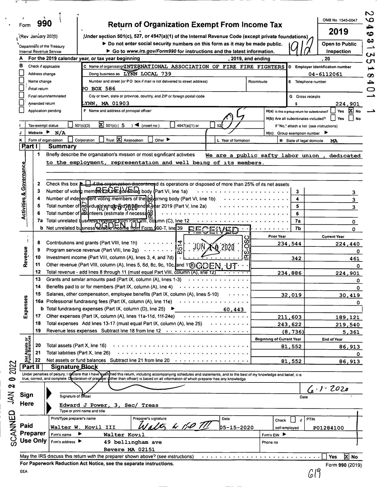 Image of first page of 2019 Form 990O for International Association of Fire Fighters - Lynn Local 739