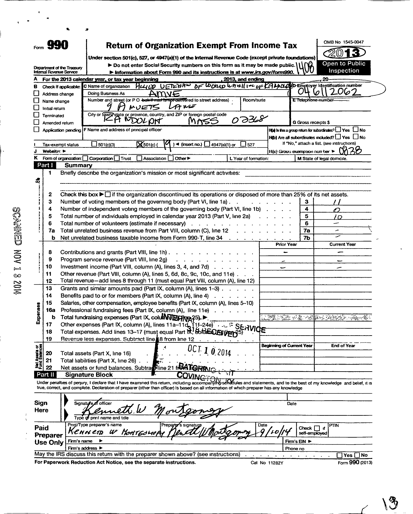 Image of first page of 2013 Form 990O for Amvets - 0051 Ma