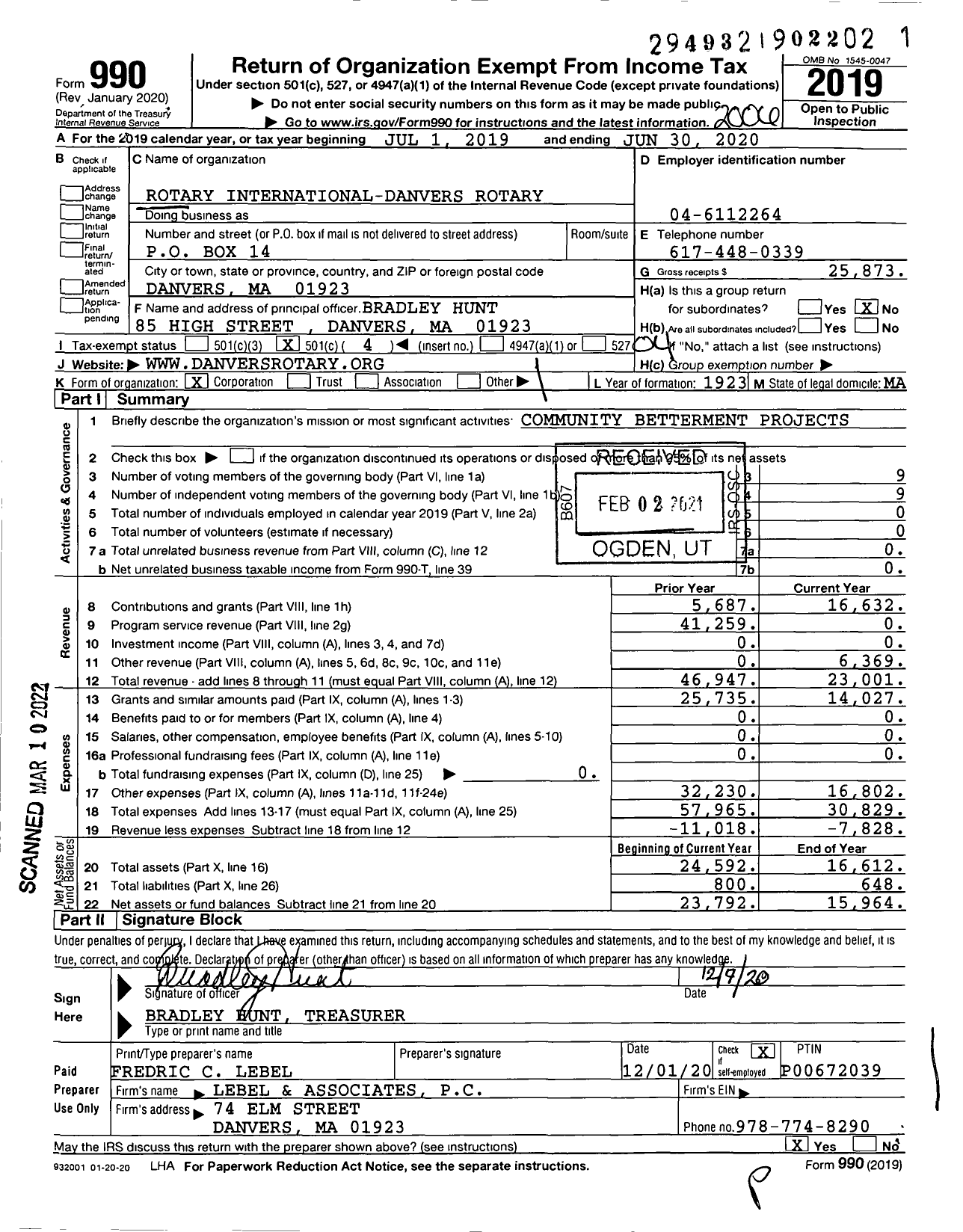 Image of first page of 2019 Form 990O for Rotary International - Danvers Rotary Club