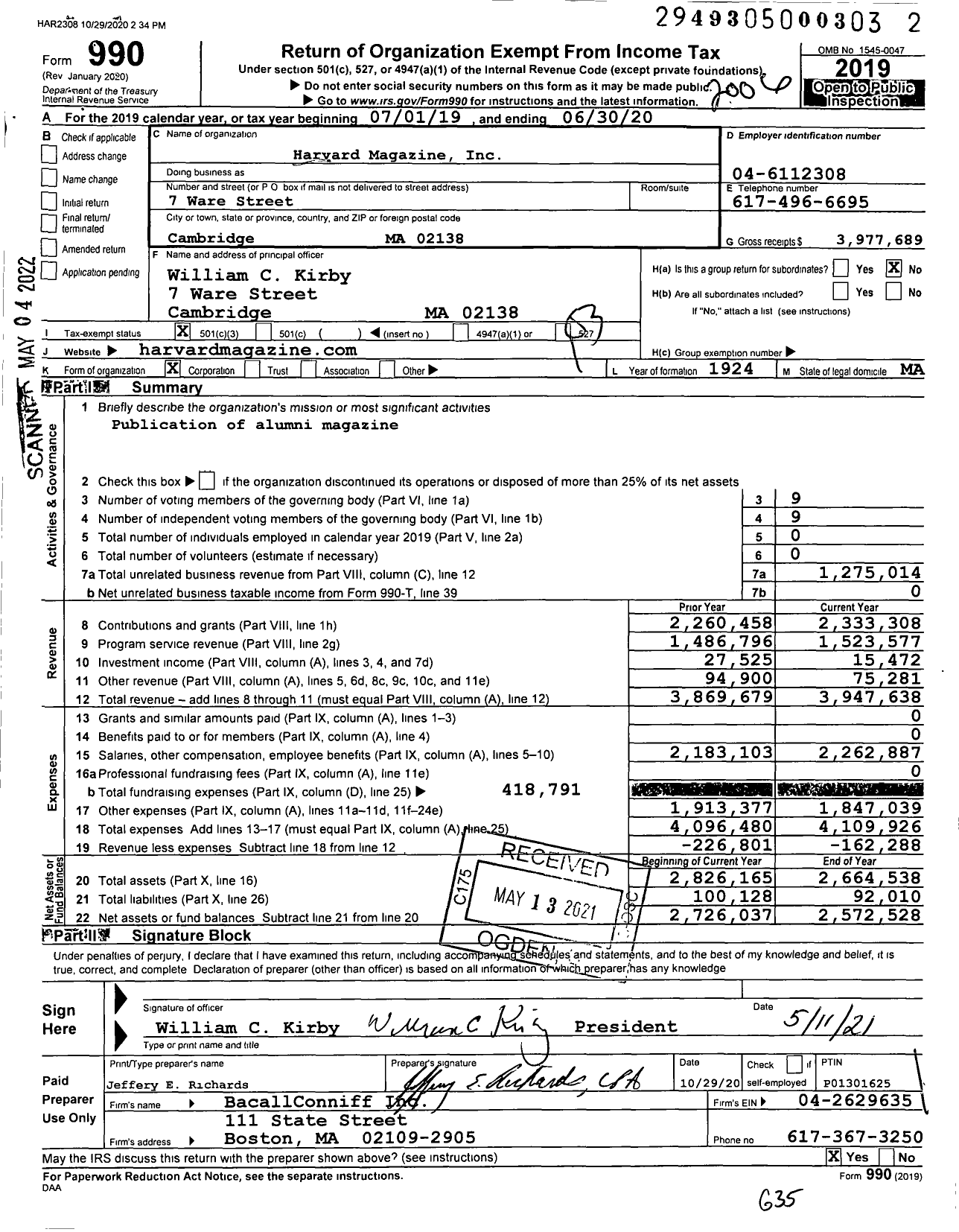 Image of first page of 2019 Form 990 for Harvard Magazine