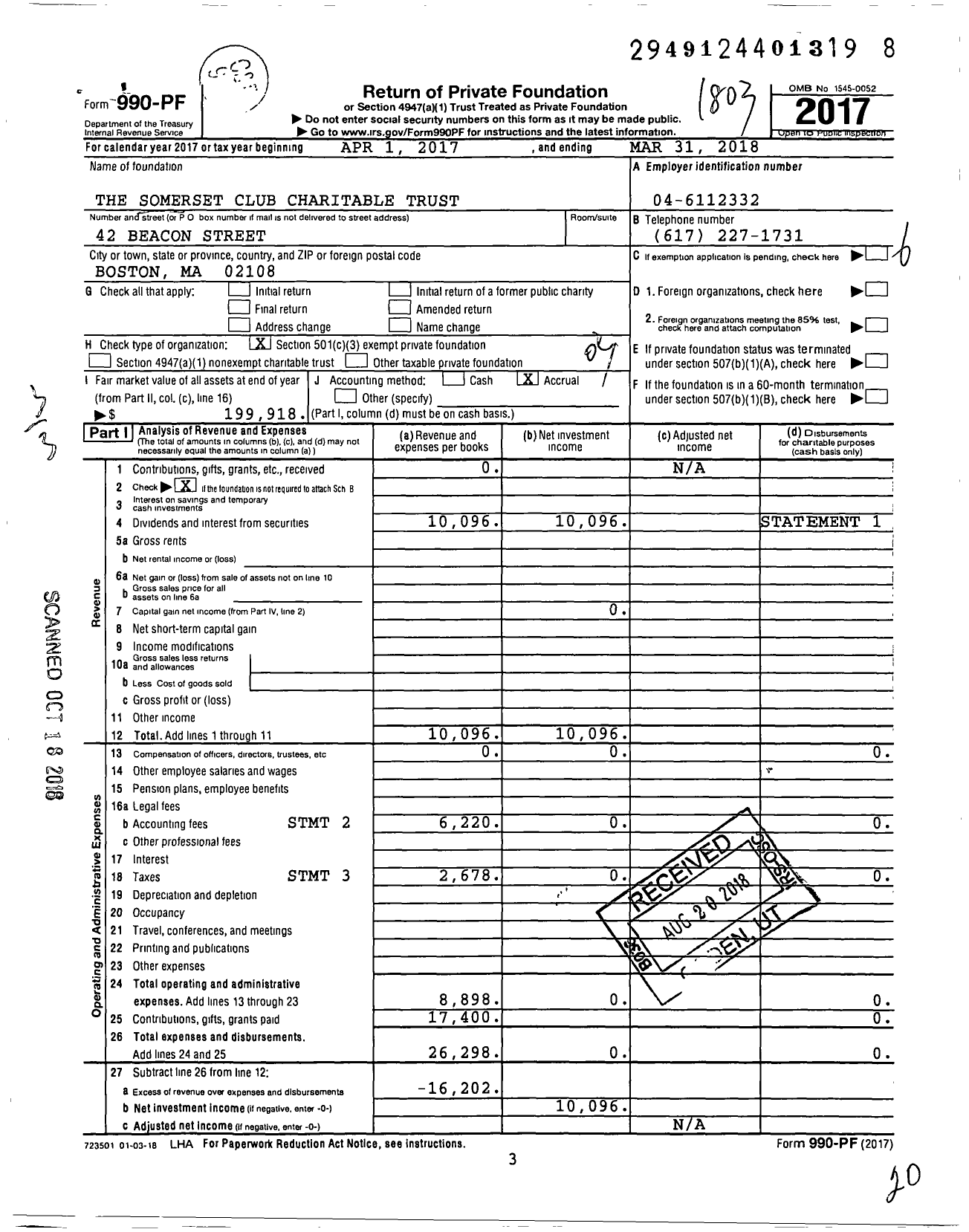 Image of first page of 2017 Form 990PF for The Somerset Club Charitable Trust