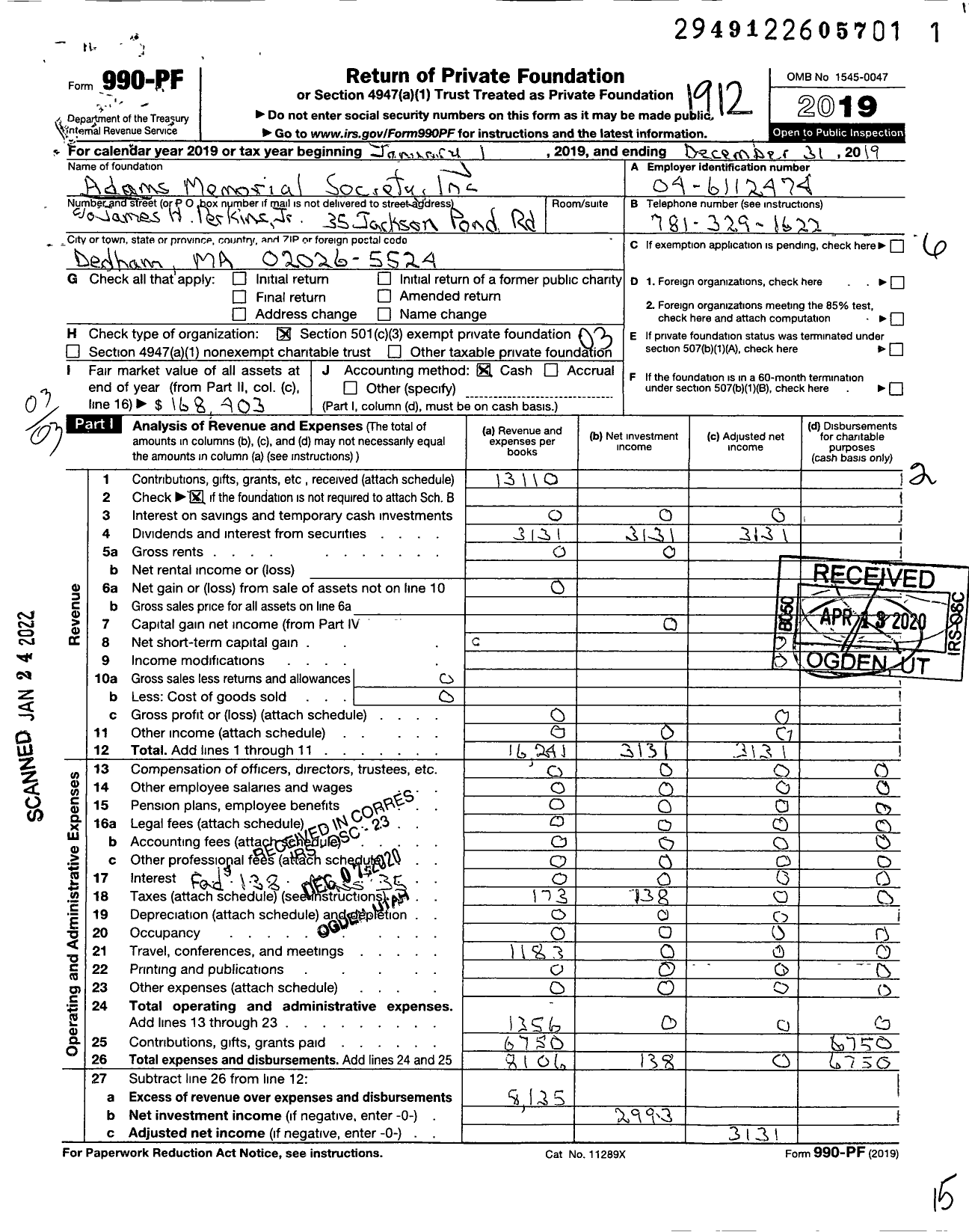 Image of first page of 2019 Form 990PF for Adams Memorial Society