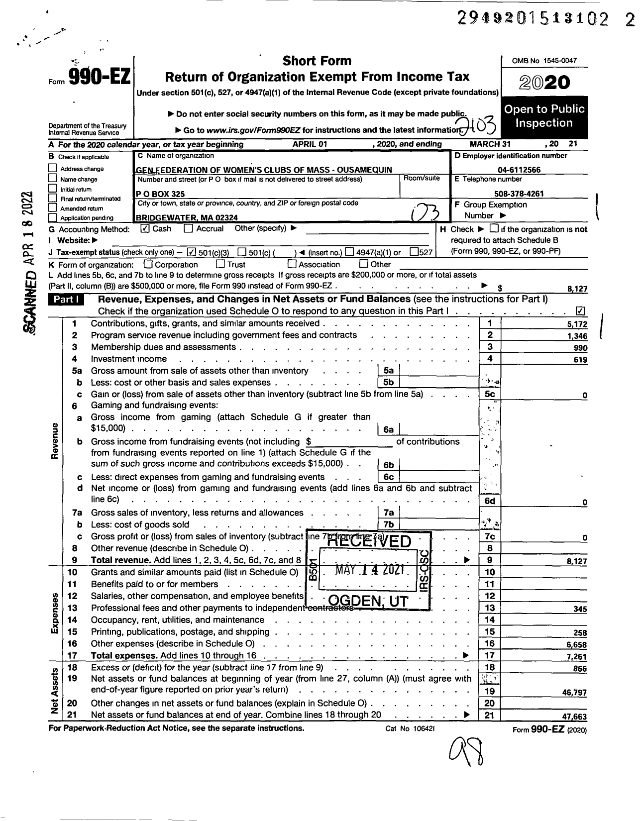 Image of first page of 2020 Form 990EZ for General Federation of Womens Clubs of Massachusetts / Ousamequin Club Bridgewater