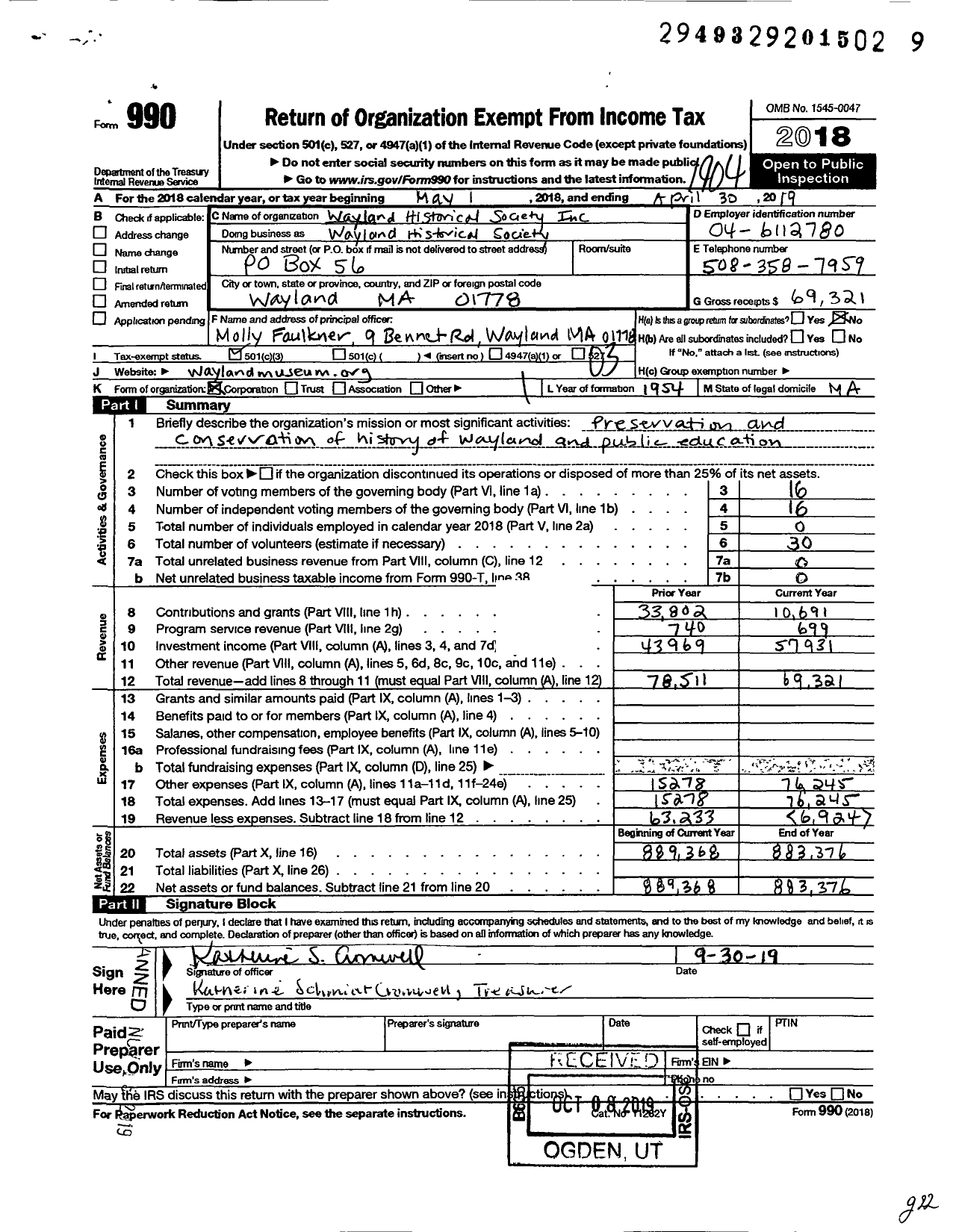 Image of first page of 2018 Form 990 for Wayland Historical Society Incorporated