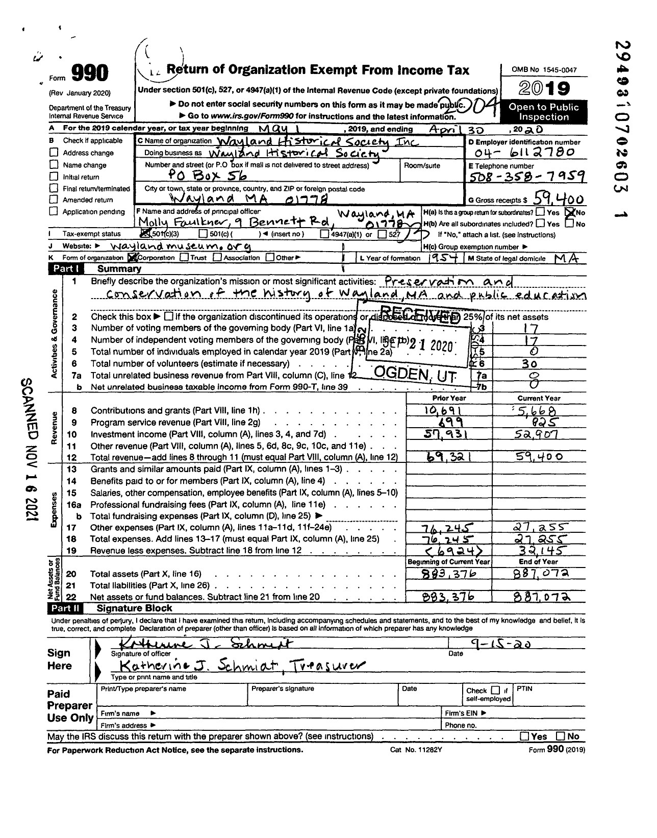 Image of first page of 2019 Form 990 for Wayland Historical Society Incorporated