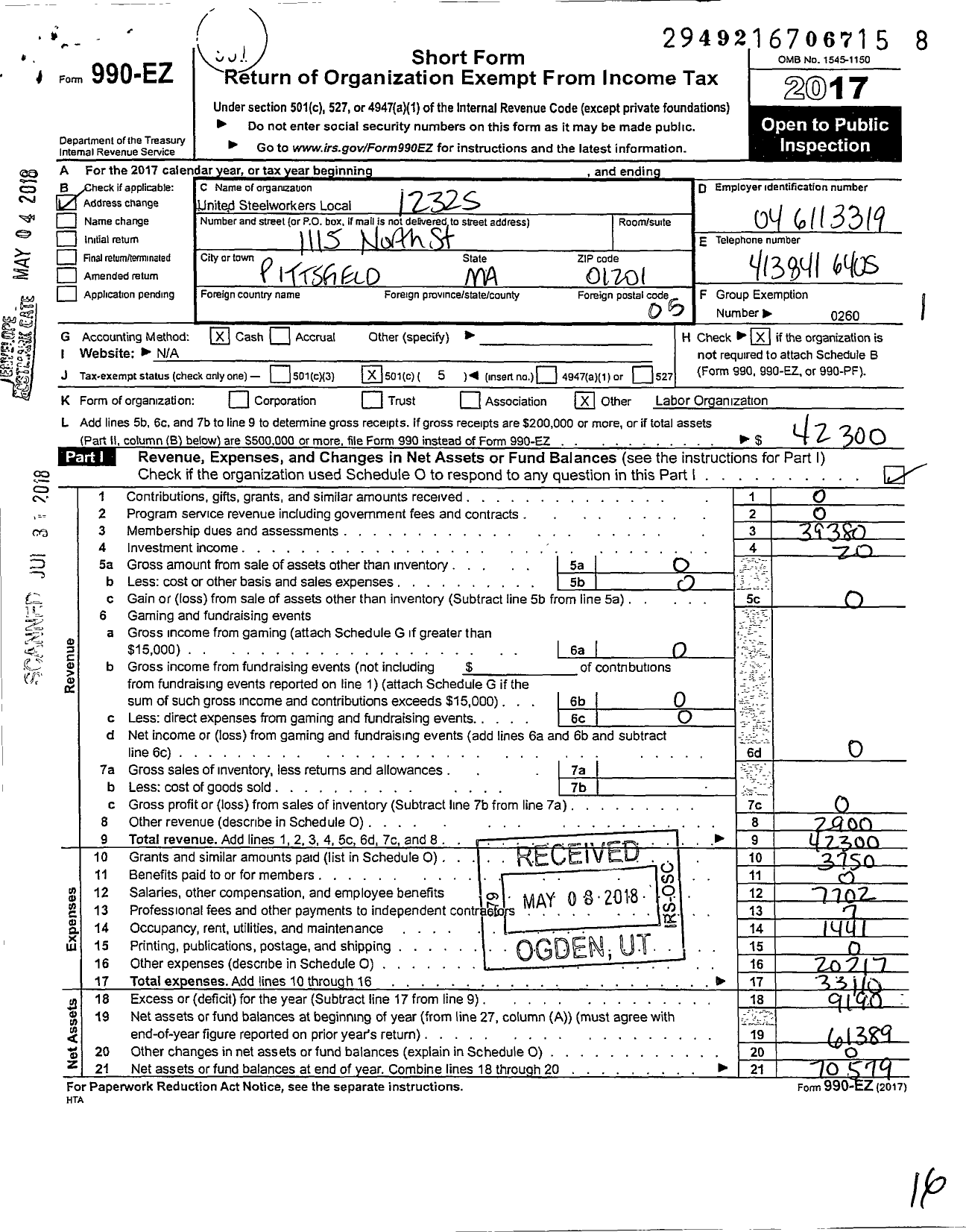 Image of first page of 2017 Form 990EO for United Steelworkers - 12325 Local District 4