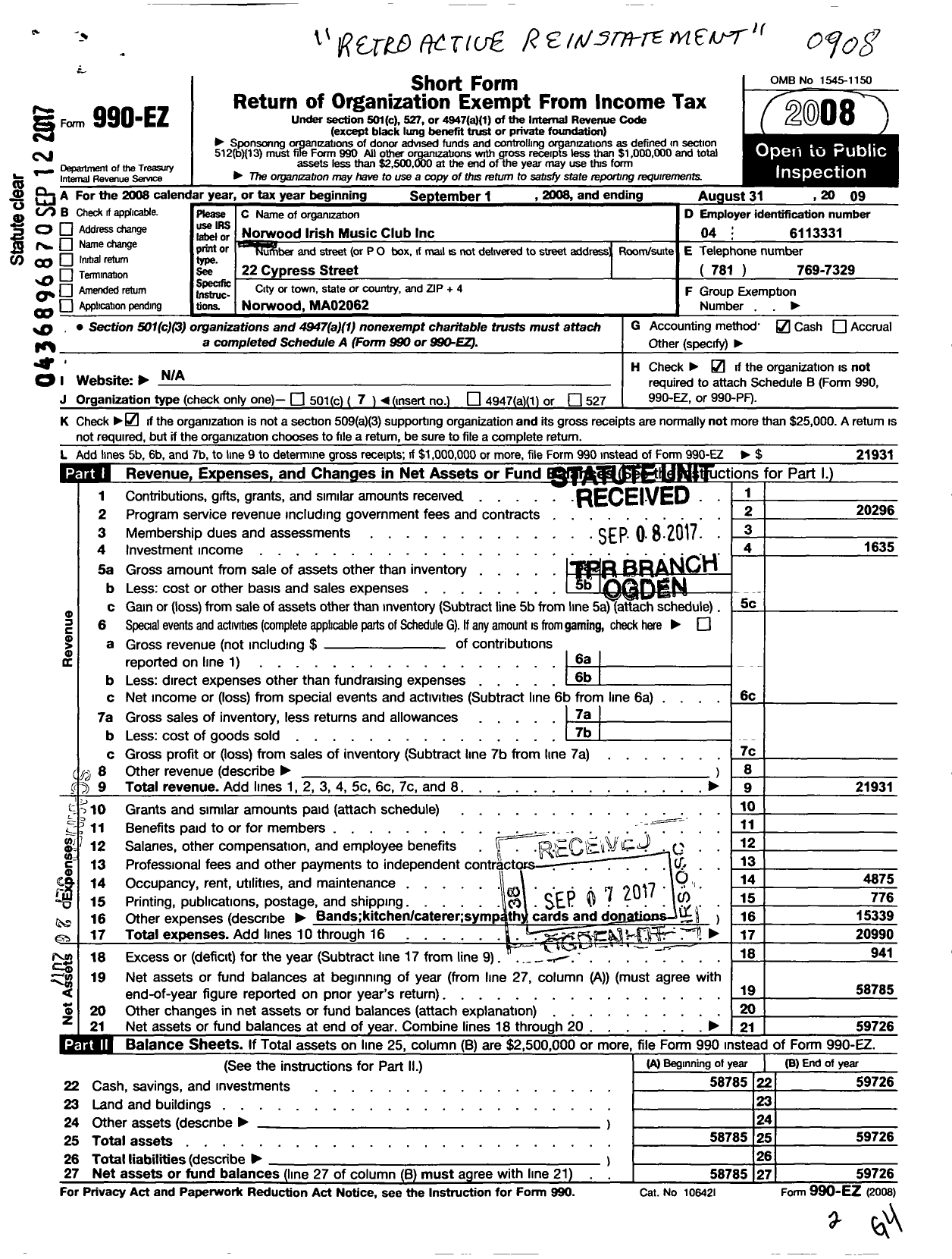 Image of first page of 2008 Form 990EO for Norwood Irish Music Club