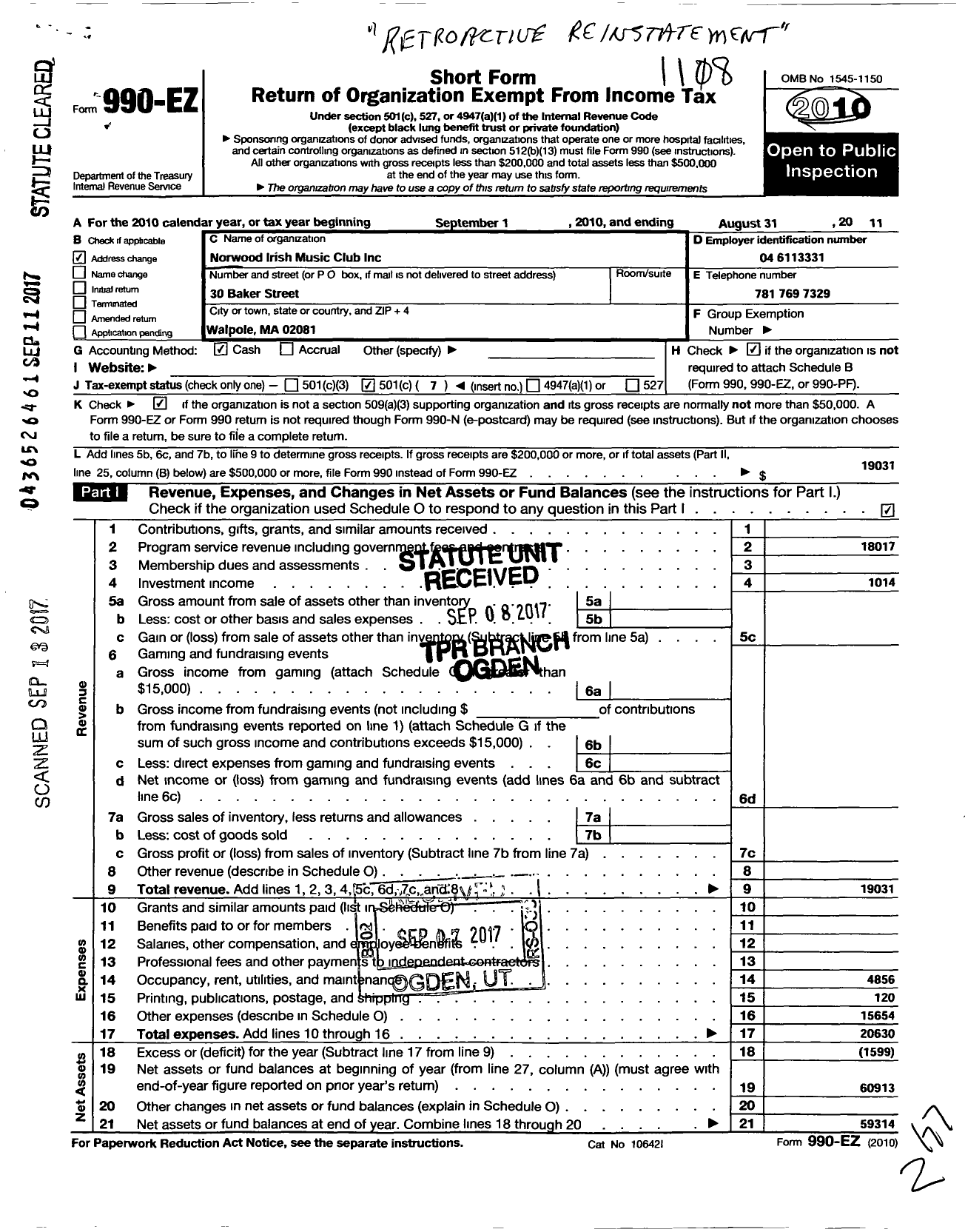 Image of first page of 2010 Form 990EO for Norwood Irish Music Club