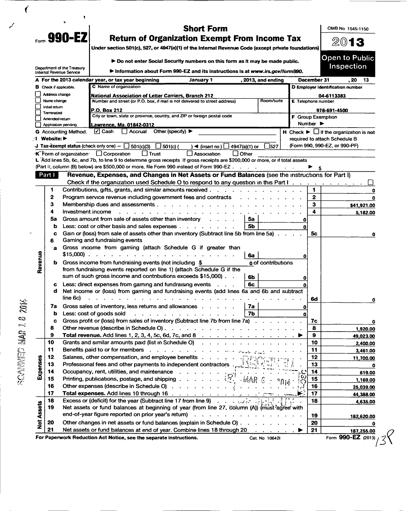 Image of first page of 2013 Form 990EO for National Association of Letter Carriers Branch 212