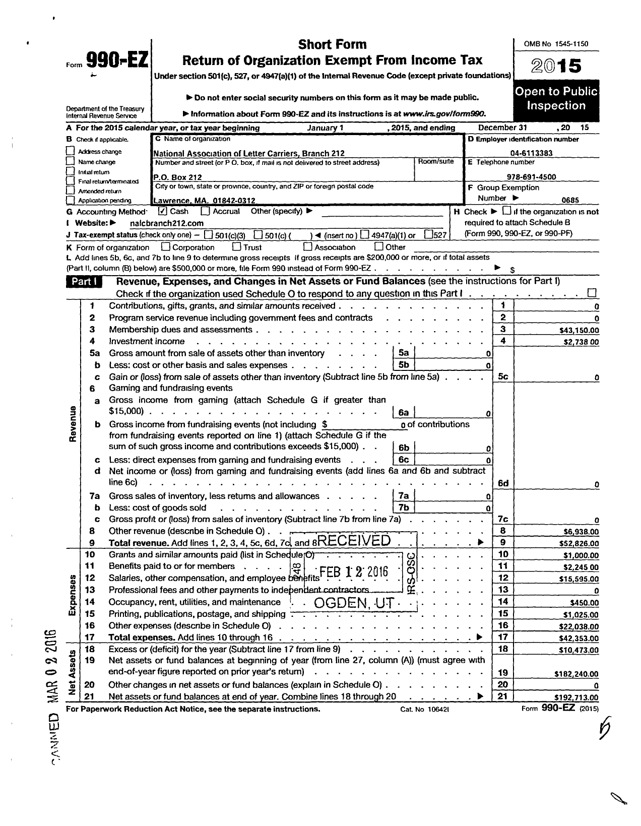 Image of first page of 2015 Form 990EO for National Association of Letter Carriers Branch 212