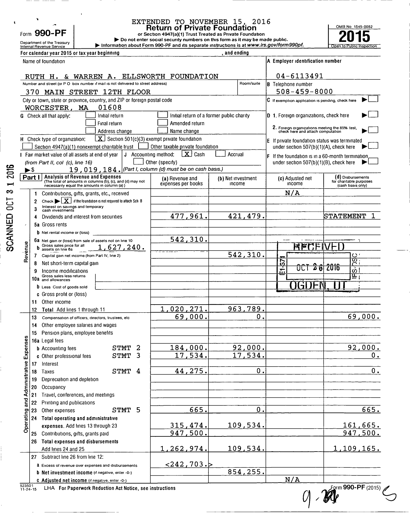 Image of first page of 2015 Form 990PF for Ruth H and Warren A Ellsworth Foundation
