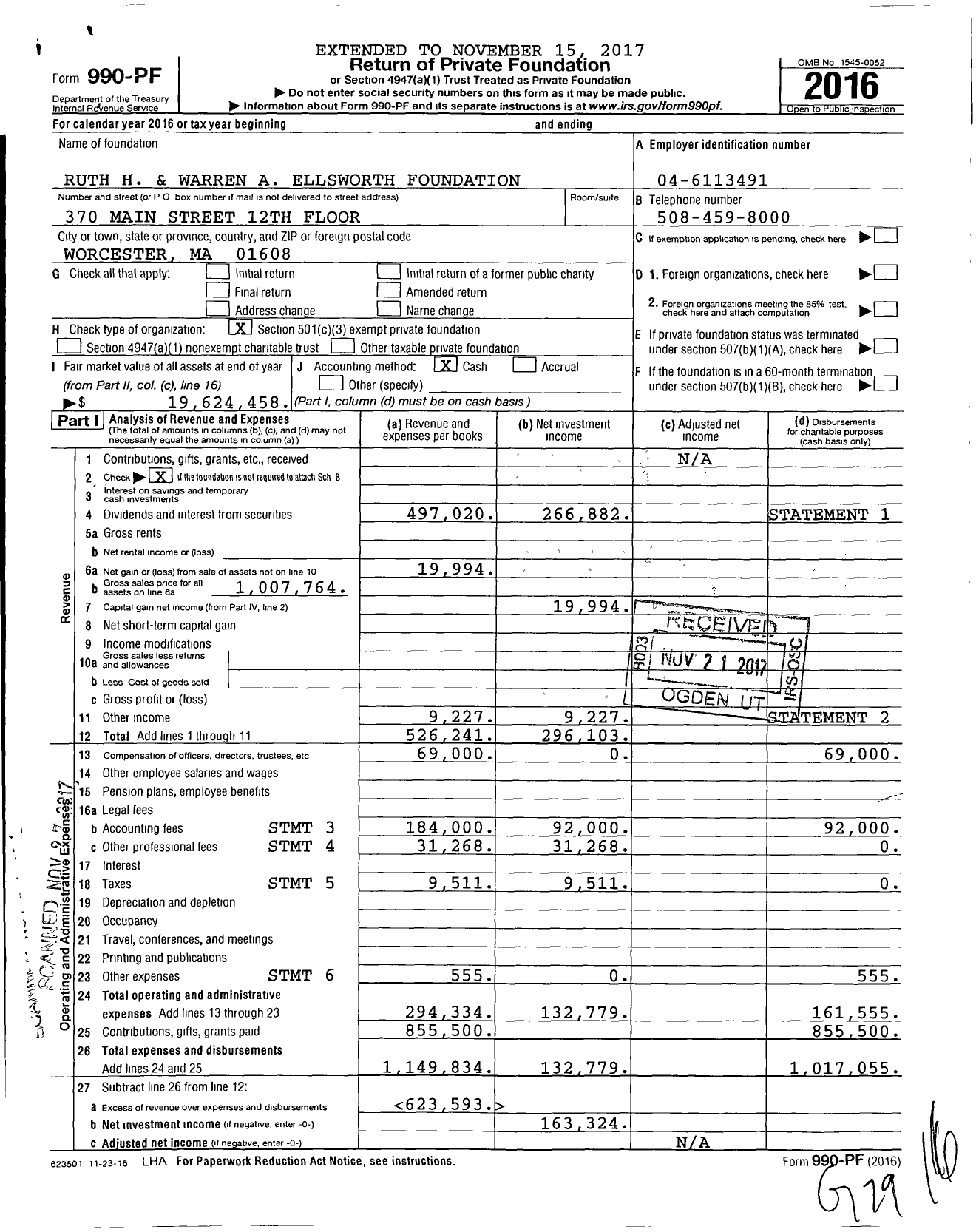 Image of first page of 2016 Form 990PF for Ruth H and Warren A Ellsworth Foundation