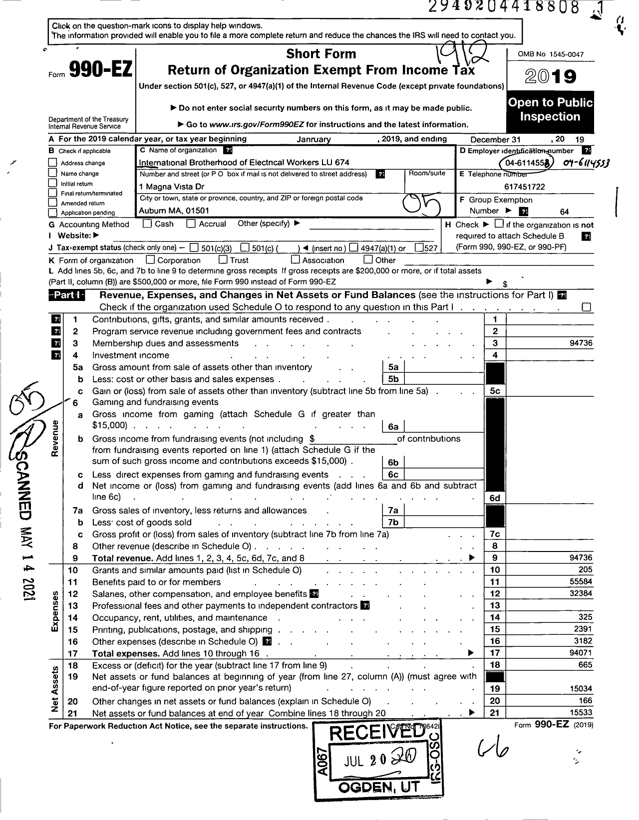 Image of first page of 2019 Form 990EO for International Brotherhood of Electrical Workers - 0674 Local Union