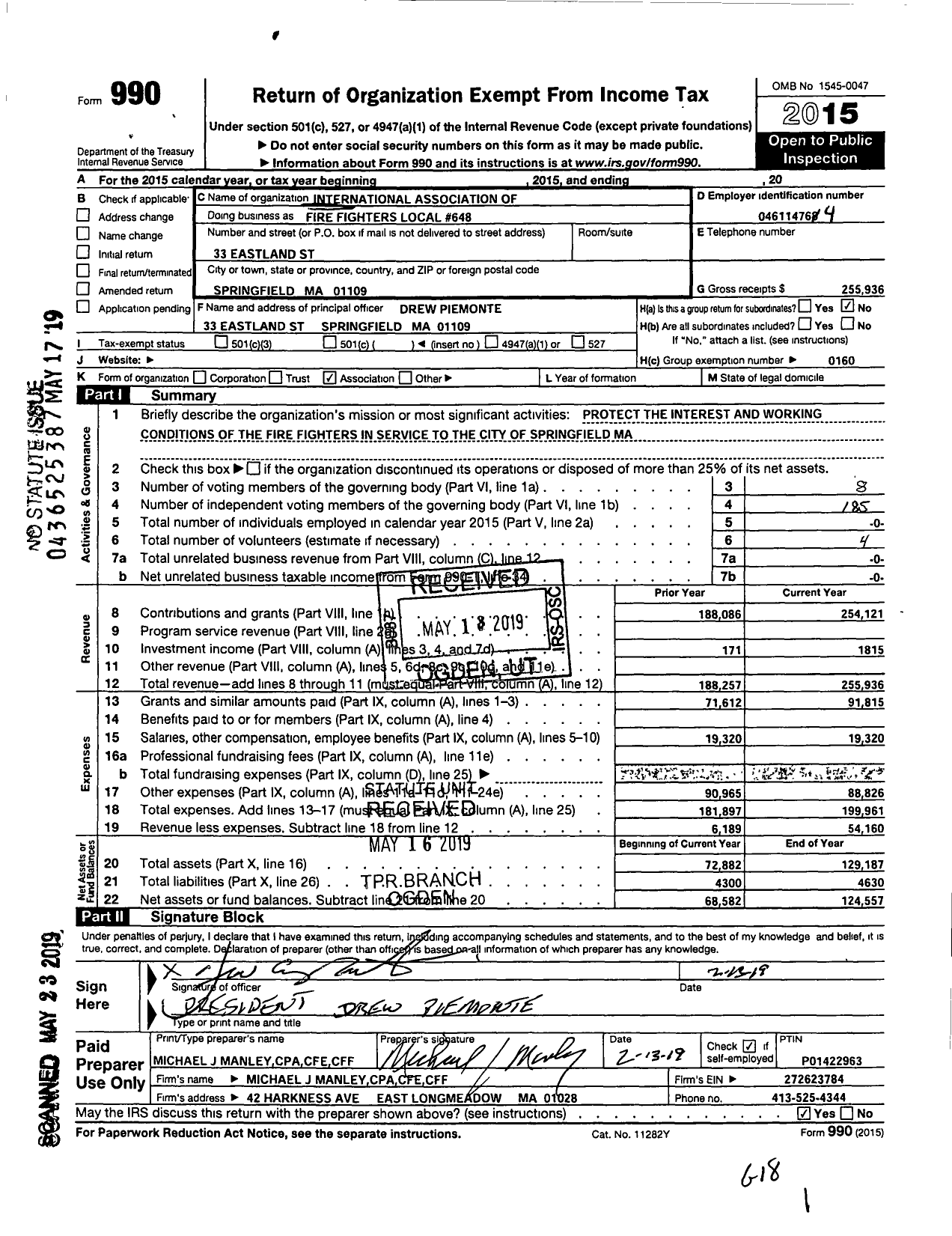 Image of first page of 2015 Form 990OA for International Association of Fire Fighters - L0648 Springfield