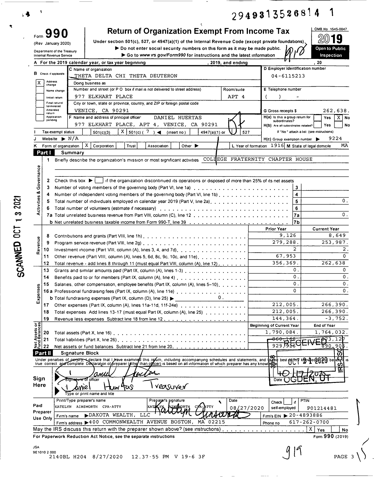 Image of first page of 2019 Form 990O for Theta Delta Chi Theta Deuteron