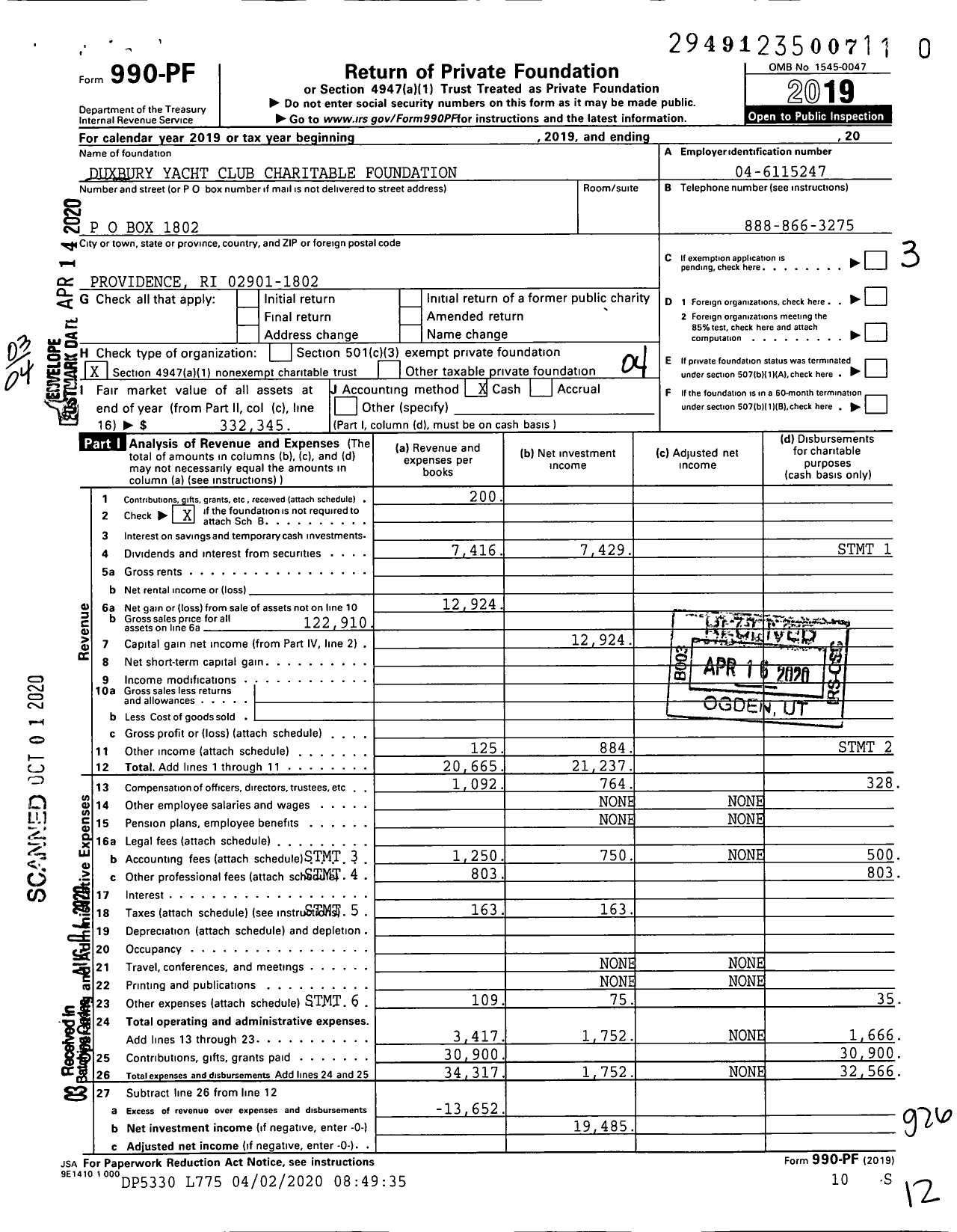 Image of first page of 2019 Form 990PR for Duxbury Yacht Club Charitable Foundation