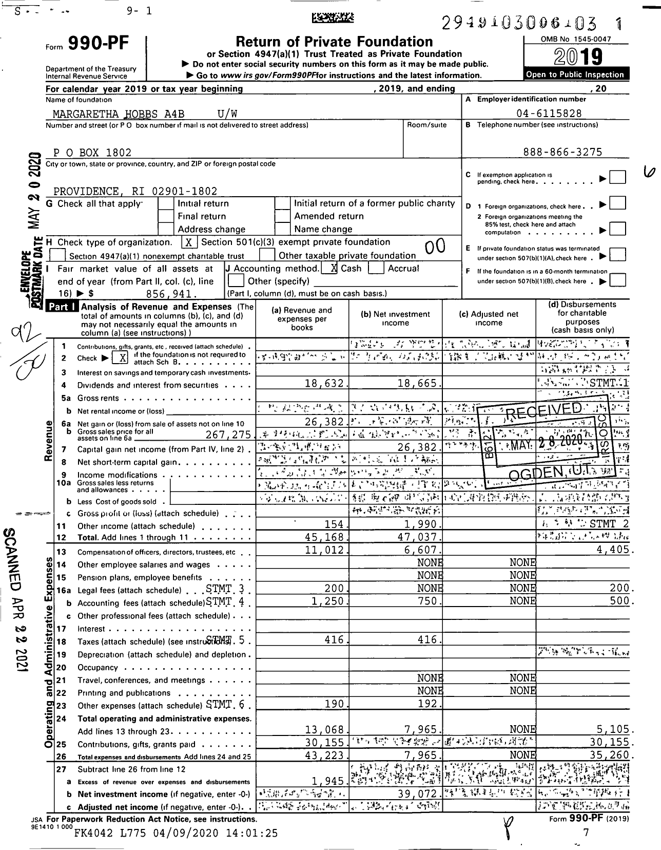 Image of first page of 2019 Form 990PF for Margaretha Hobbs A4b Uw