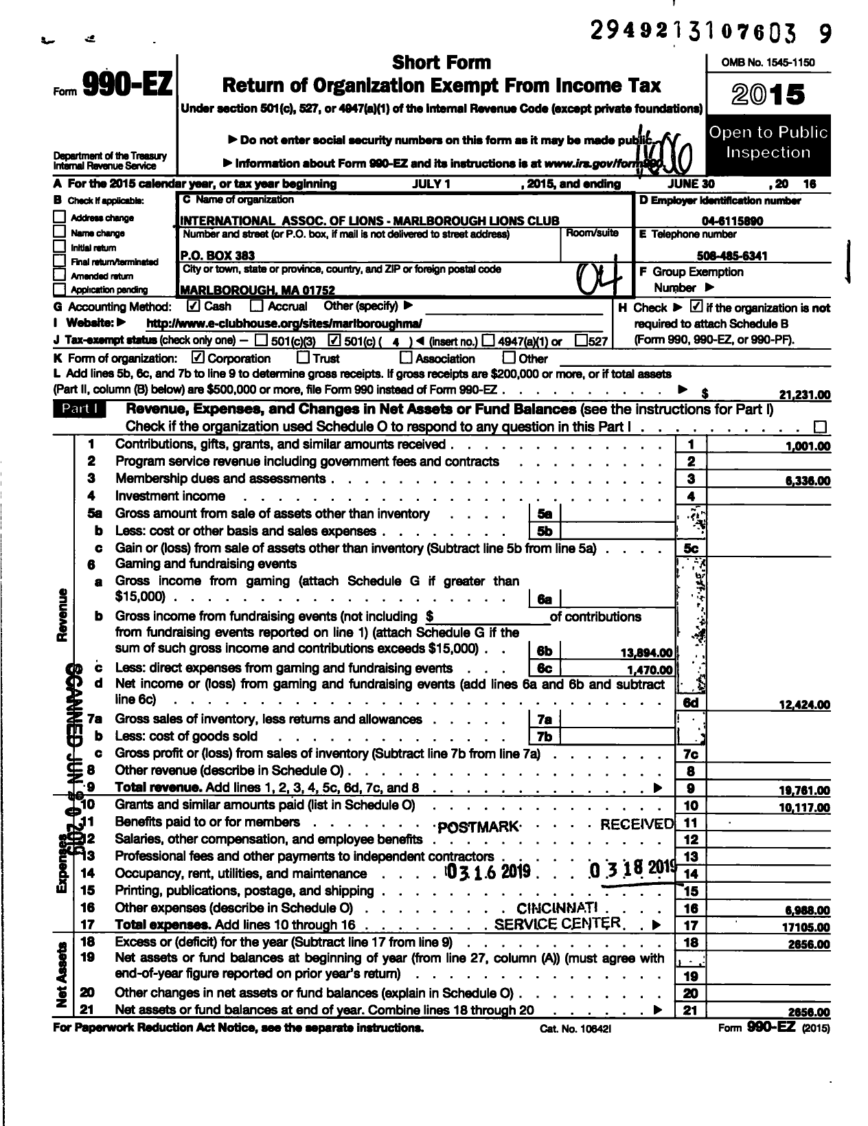 Image of first page of 2015 Form 990EO for Marlborough Lions Club