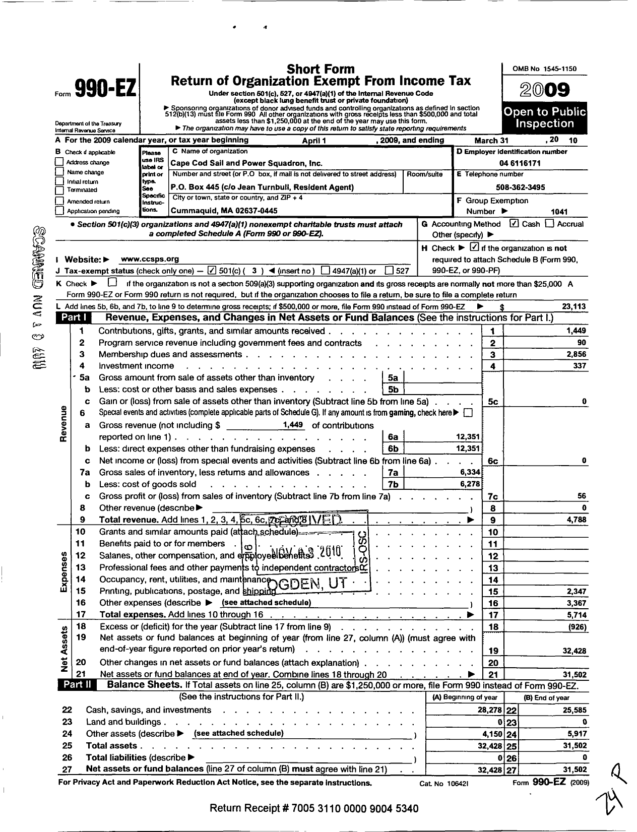 Image of first page of 2009 Form 990EZ for United States Power Squadrons - 825 Cape Cod Sail & Power Squadron