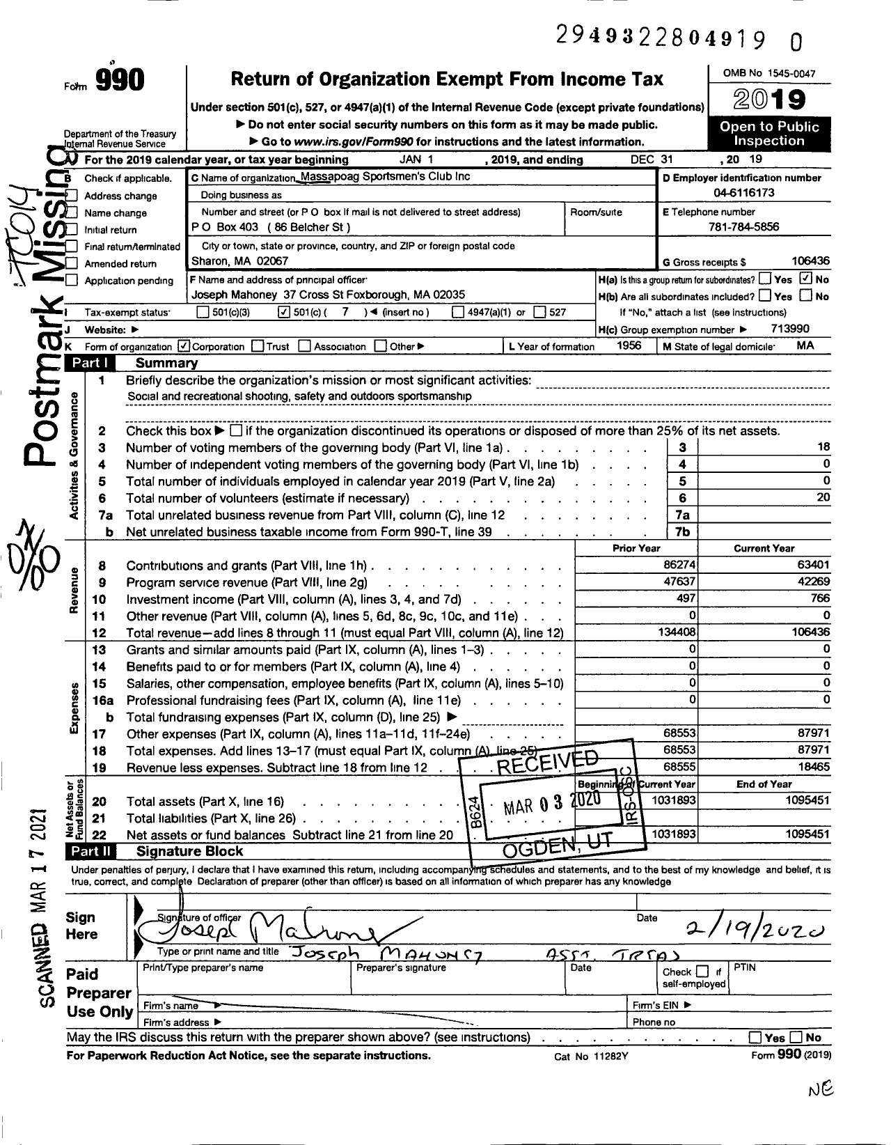 Image of first page of 2019 Form 990O for Massapoag Sportsmens Club