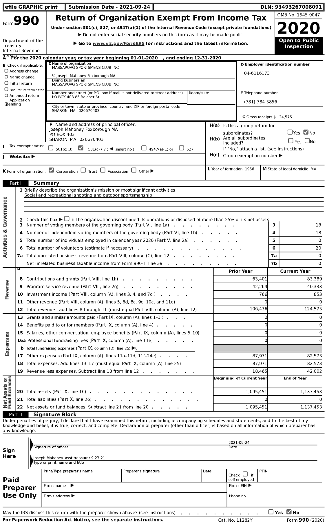 Image of first page of 2020 Form 990 for Massapoag Sportsmens Club