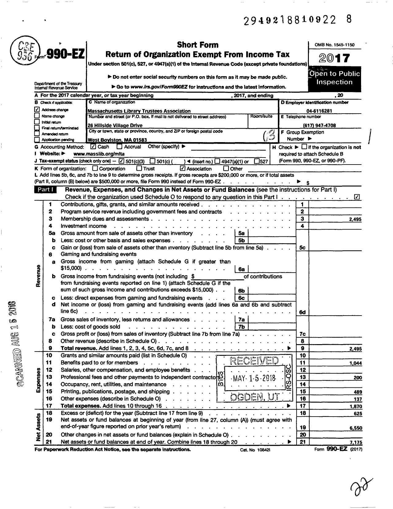 Image of first page of 2017 Form 990EZ for Massachusetts Library Trustees Association