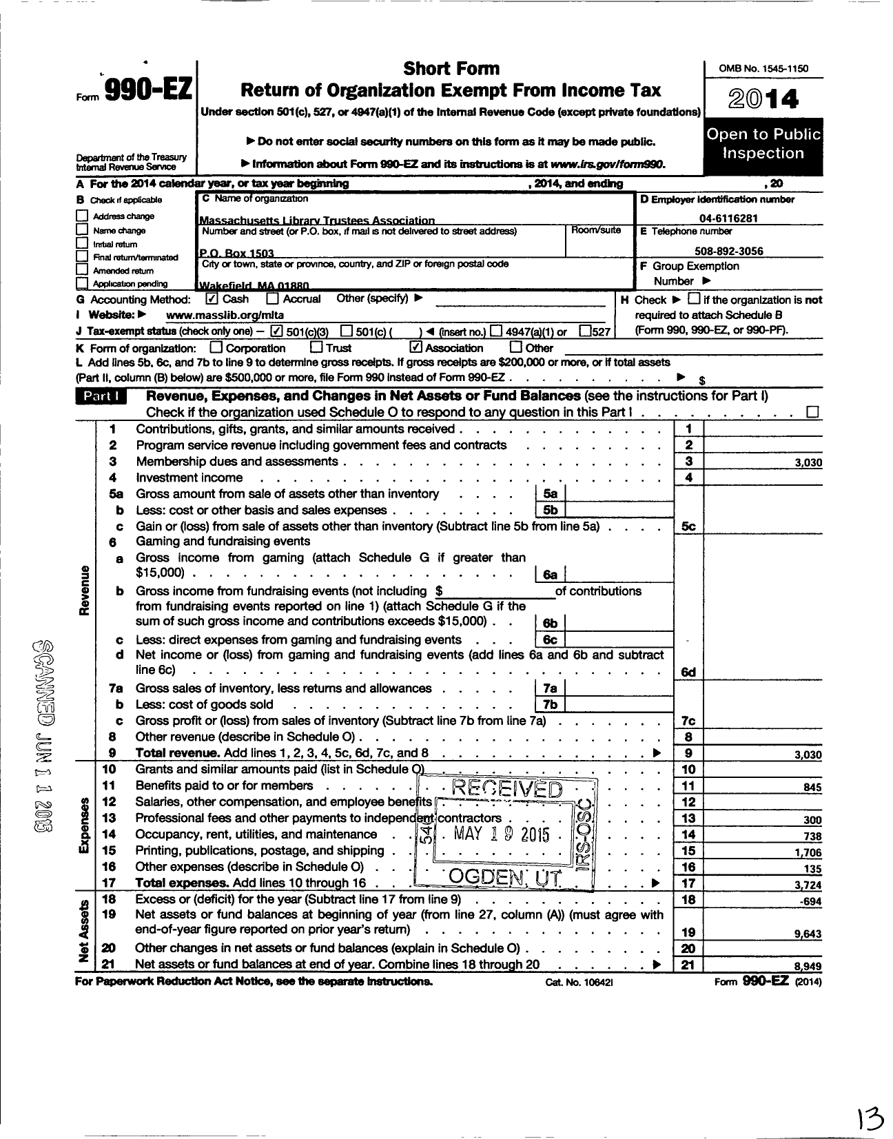 Image of first page of 2014 Form 990EZ for Massachusetts Library Trustees Association