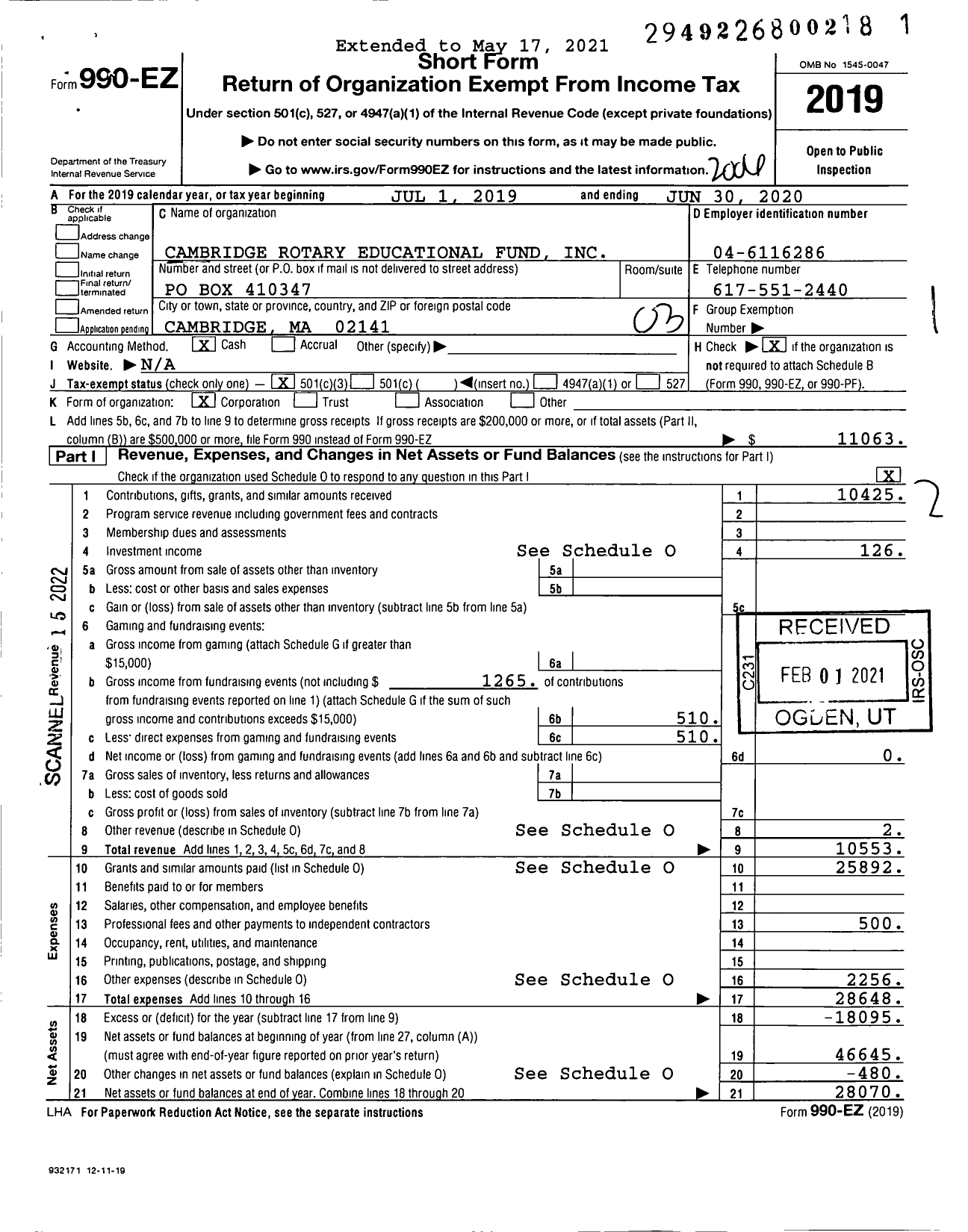 Image of first page of 2019 Form 990EZ for Cambridge Rotary Educational Fund