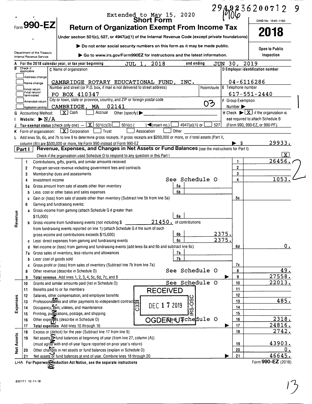 Image of first page of 2018 Form 990EZ for Cambridge Rotary Educational Fund