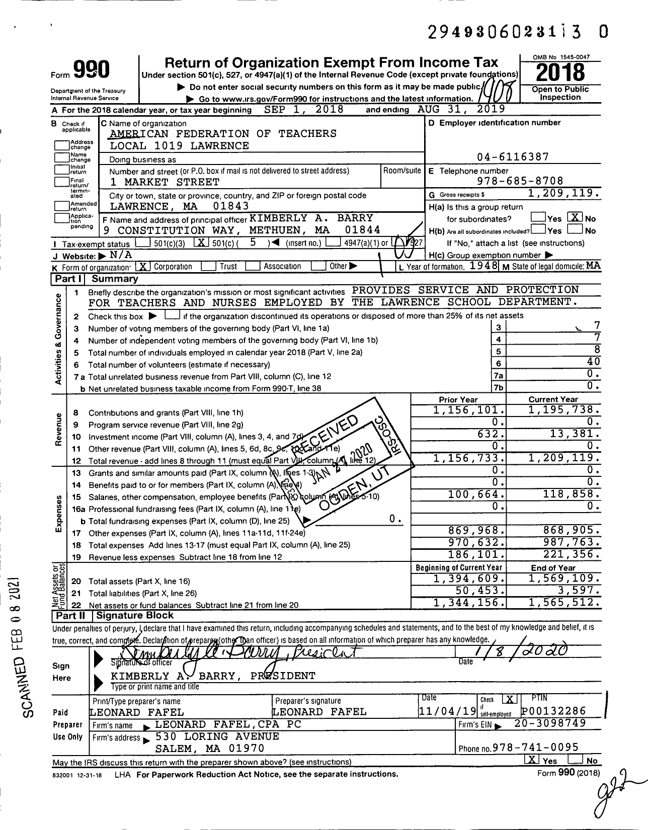 Image of first page of 2018 Form 990O for American Federation of Teachers - 1019 Lawrence