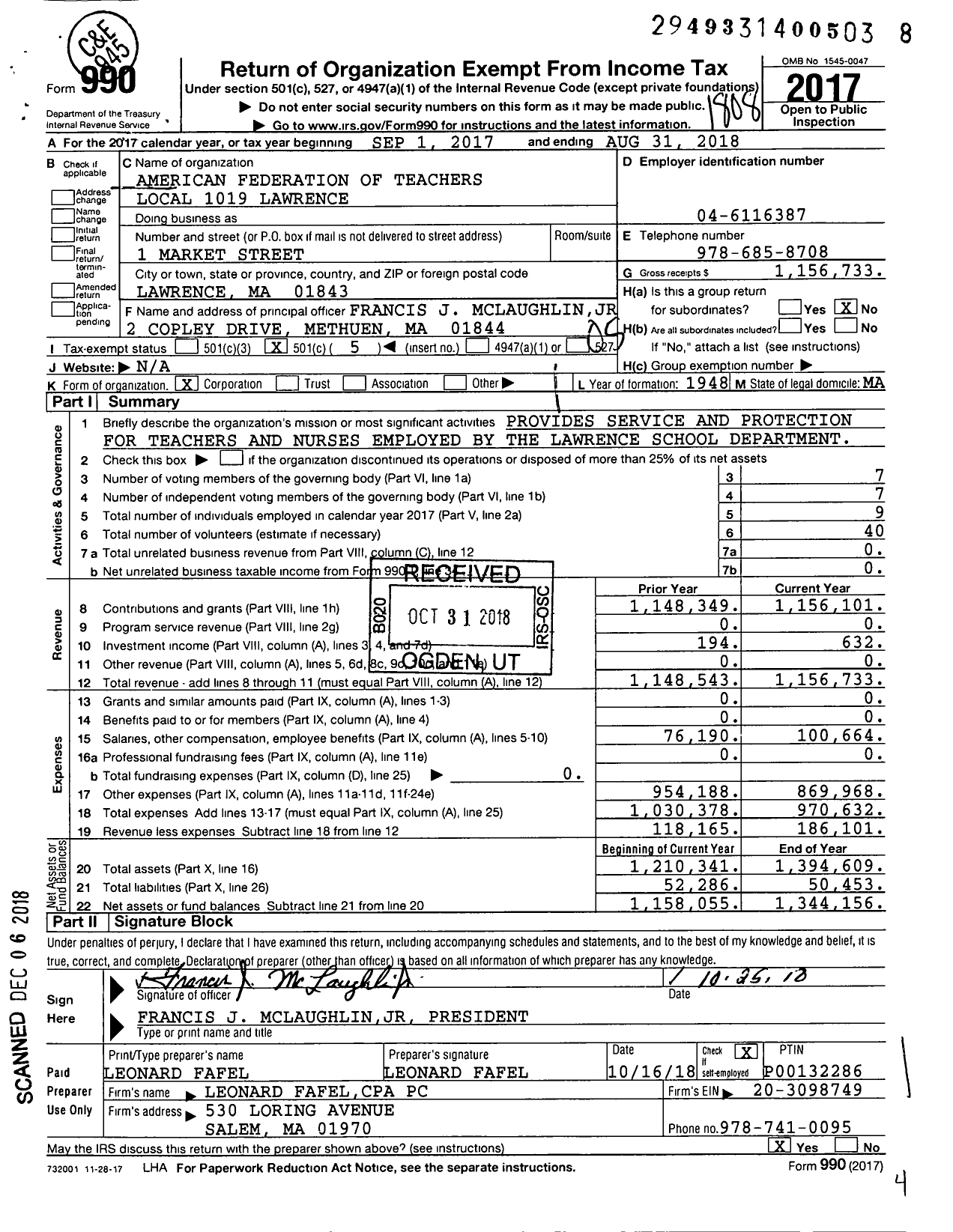 Image of first page of 2017 Form 990O for American Federation of Teachers - 1019 Lawrence