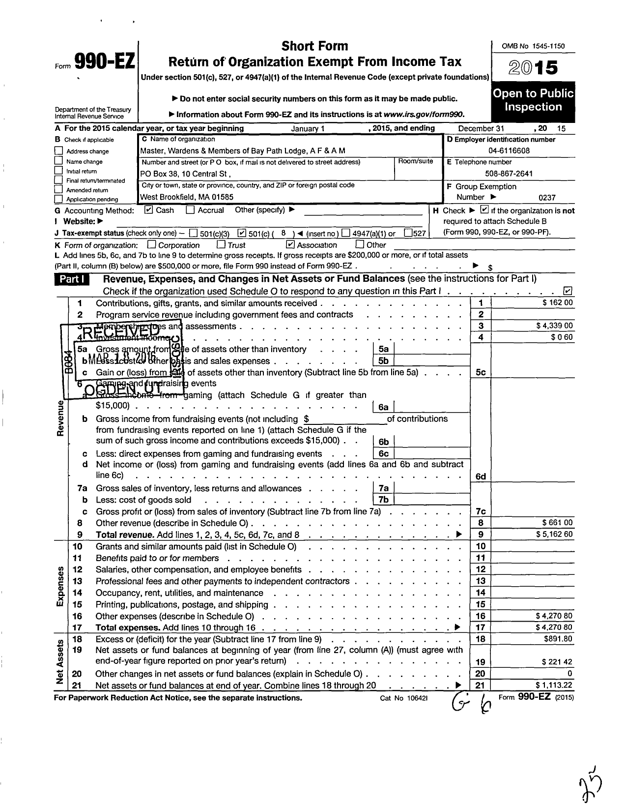 Image of first page of 2015 Form 990EO for Massachusetts Freemasons - Bay Path Lodge Af & Am