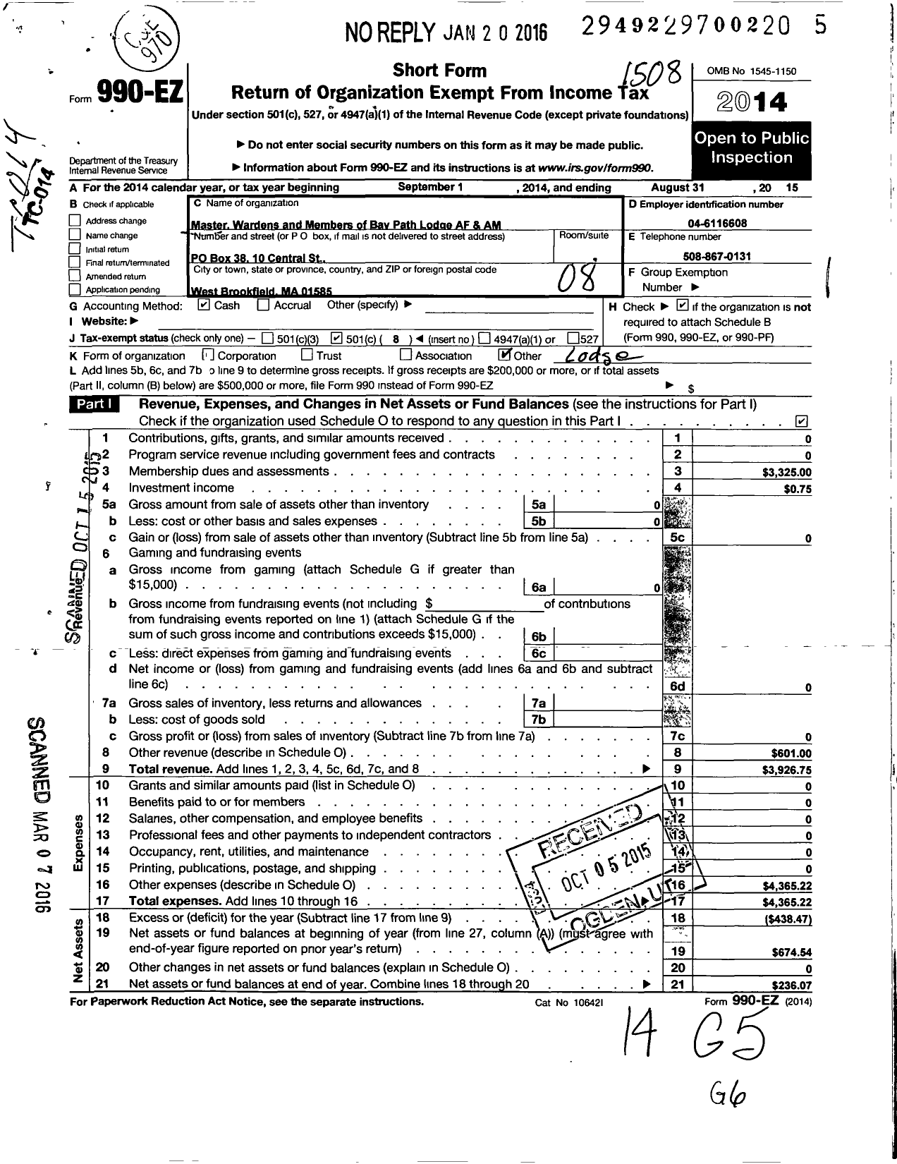 Image of first page of 2014 Form 990EO for Massachusetts Freemasons - Bay Path Lodge Af & Am