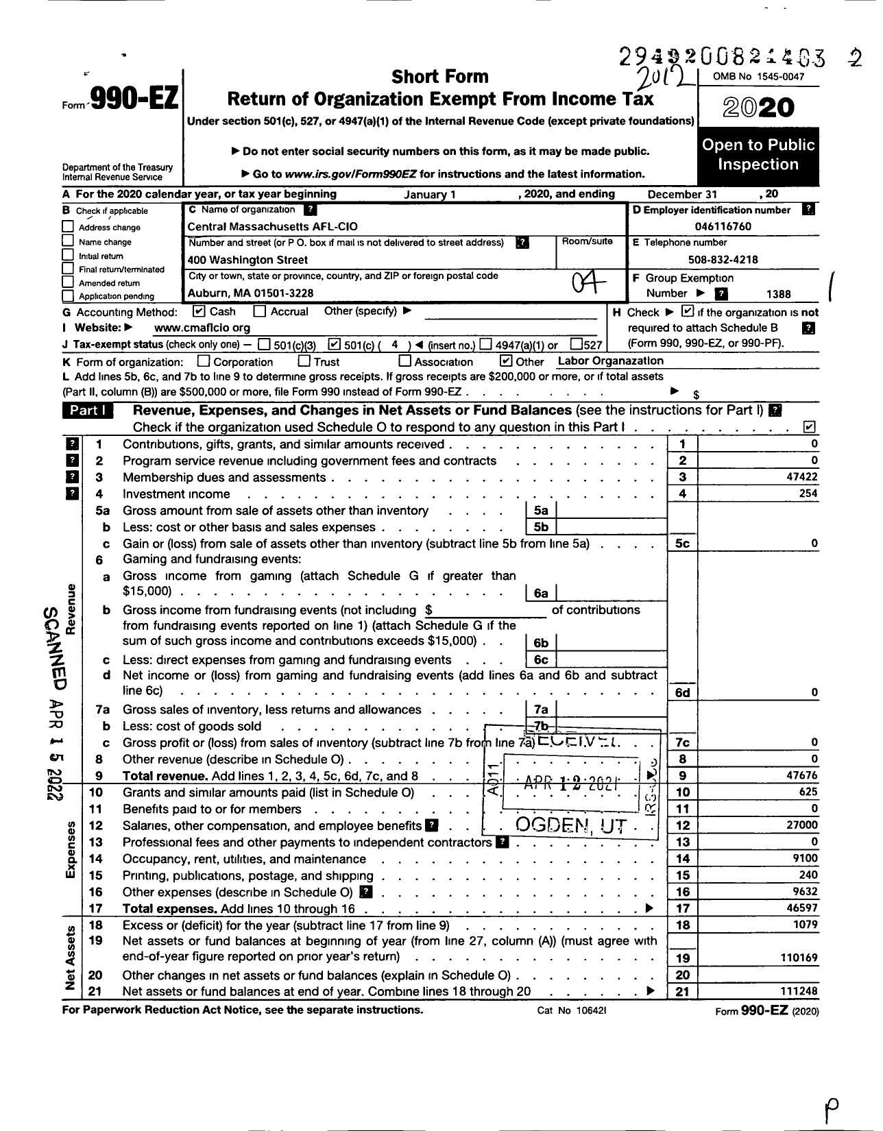 Image of first page of 2020 Form 990EO for AFL-CIO - Central Massachusetts AFL-CIO