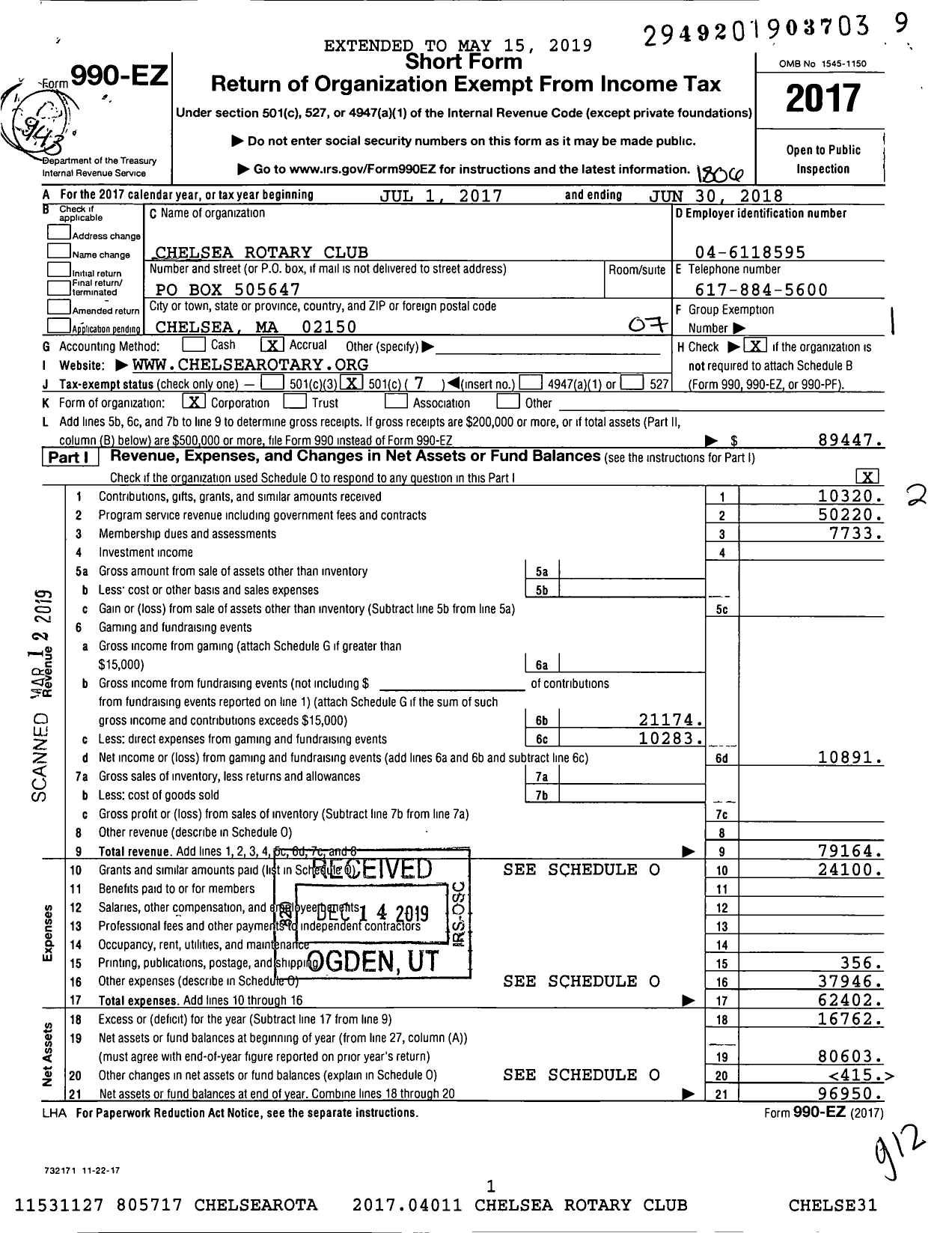 Image of first page of 2017 Form 990EO for Rotary International - Chelsea Rotary Club