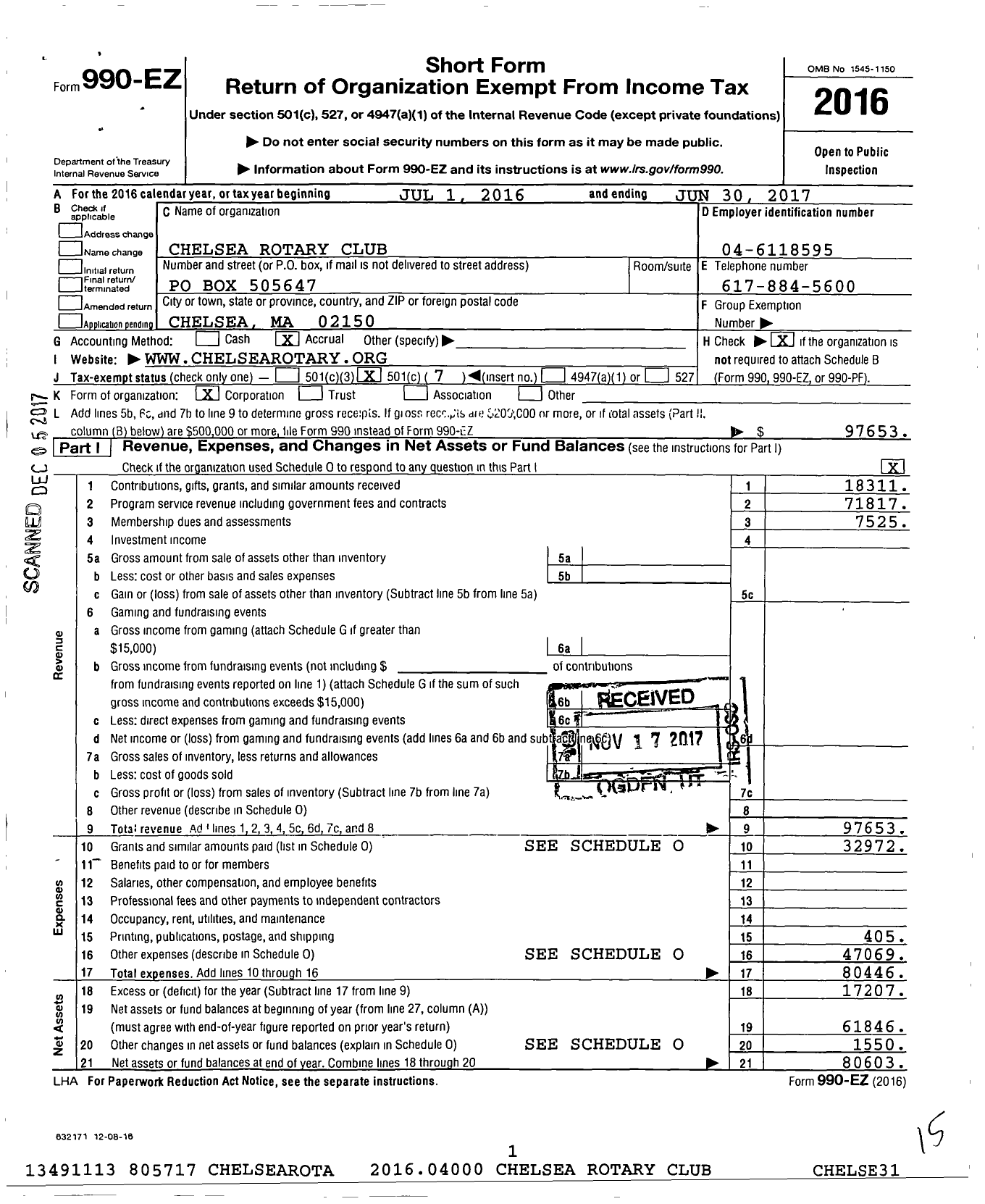 Image of first page of 2016 Form 990EO for Rotary International - Chelsea Rotary Club