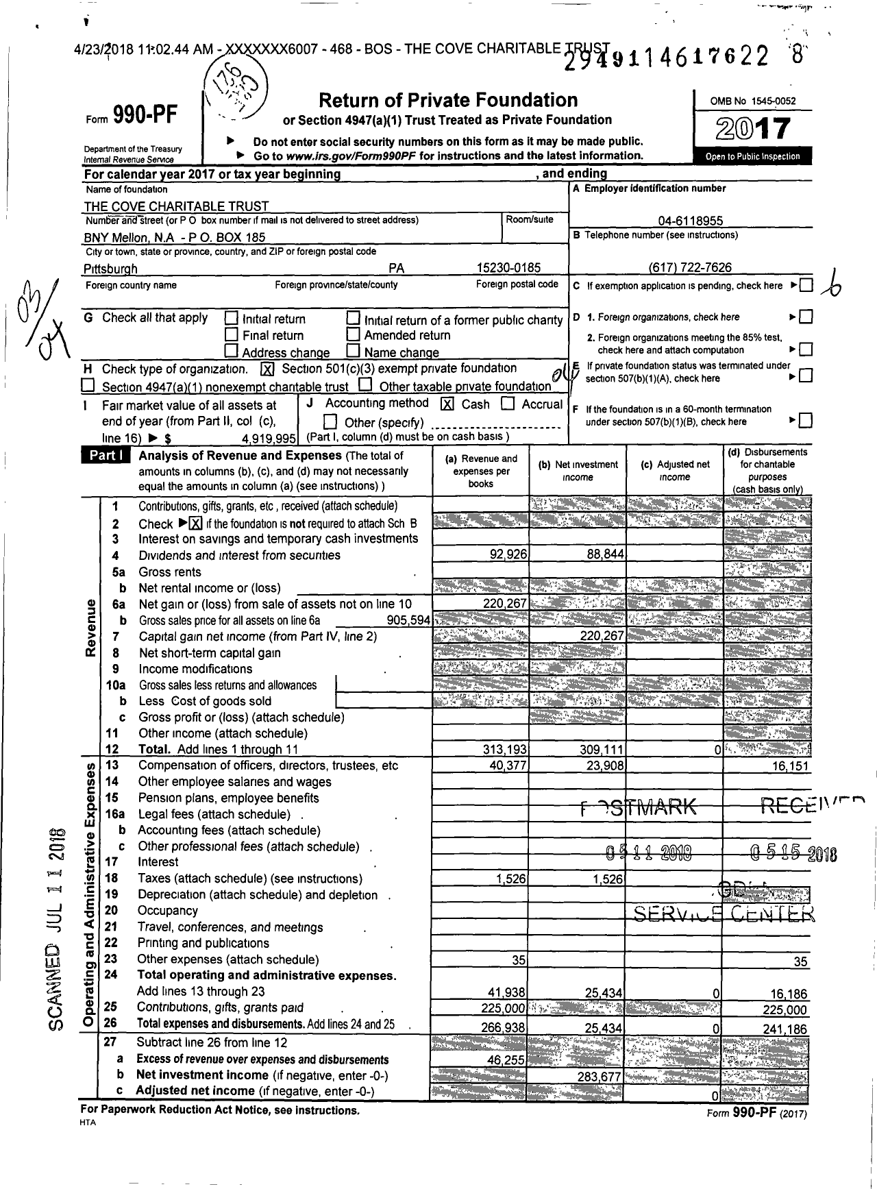 Image of first page of 2017 Form 990PF for The Cove Charitable Trust