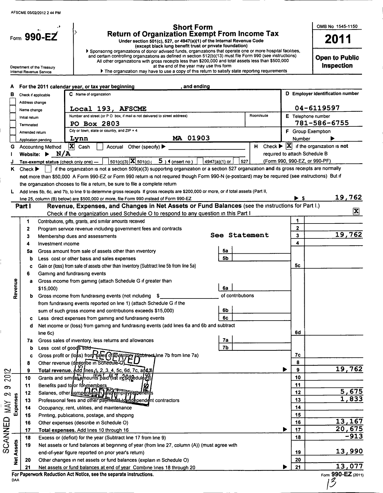 Image of first page of 2011 Form 990EO for American Federation of State County & Municipal Employees - L0193ma Lynn Municipal Emp