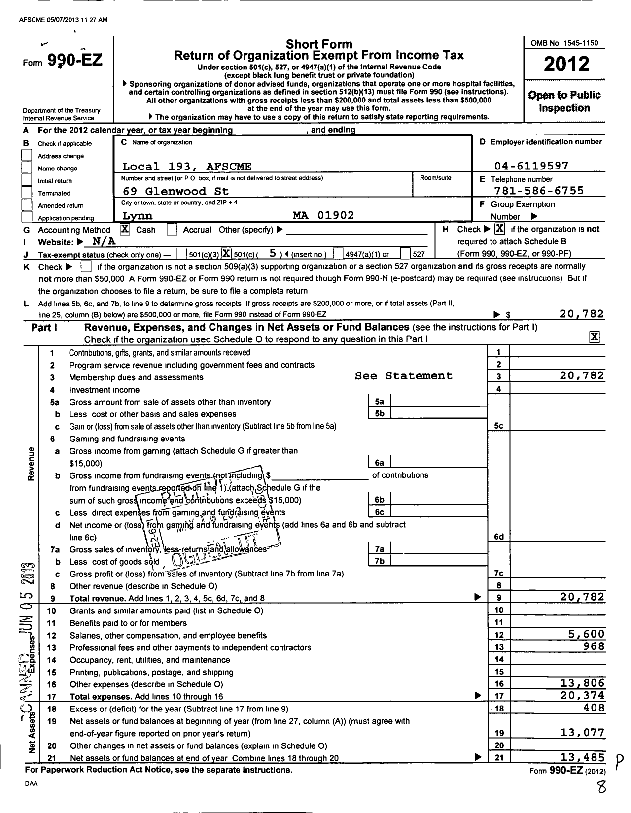 Image of first page of 2012 Form 990EO for American Federation of State County & Municipal Employees - L0193ma Lynn Municipal Emp